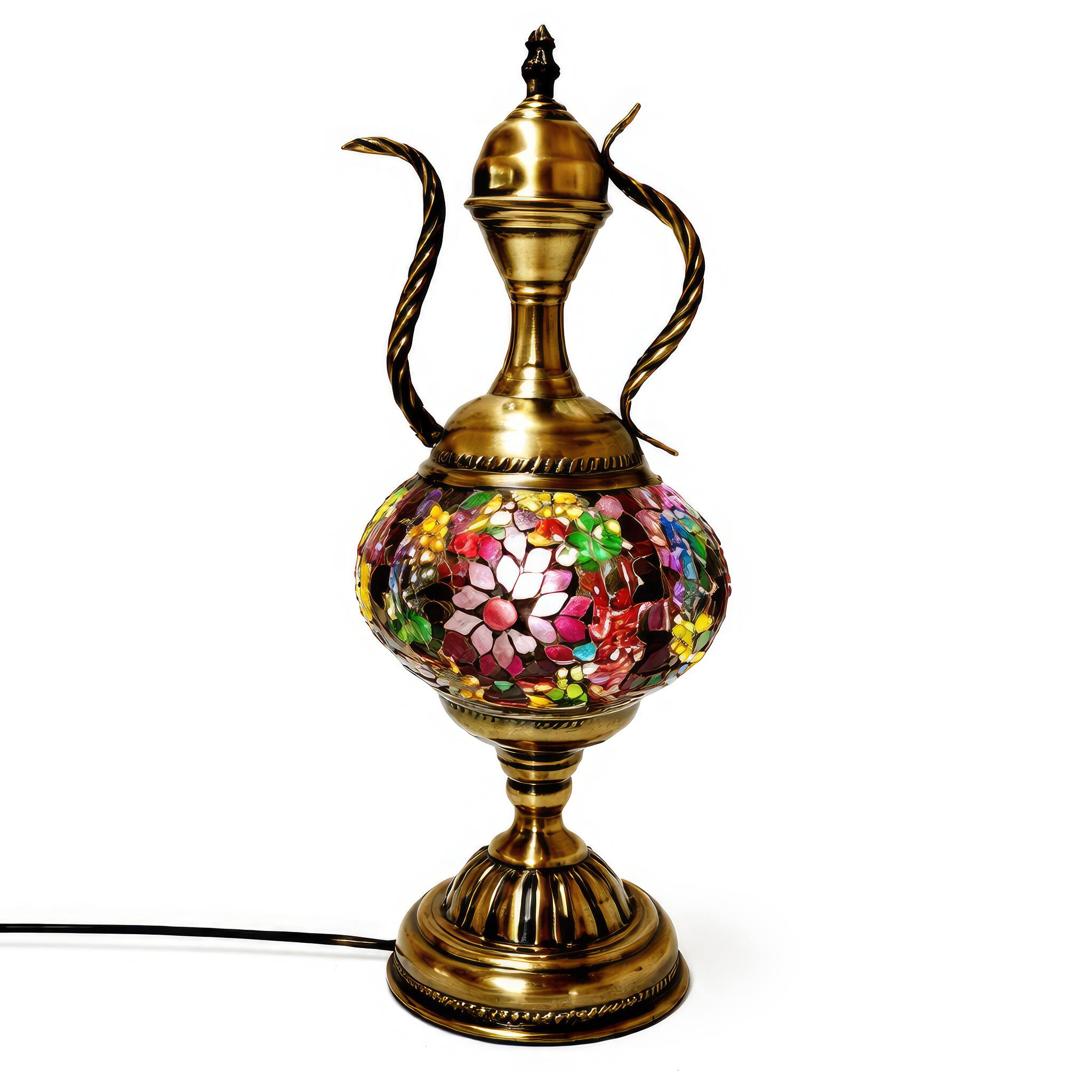 Angle. FC Design - 15"H Bronze Stand Vibrant Pink Mosaic Ewer-Design Turkish Lamp.