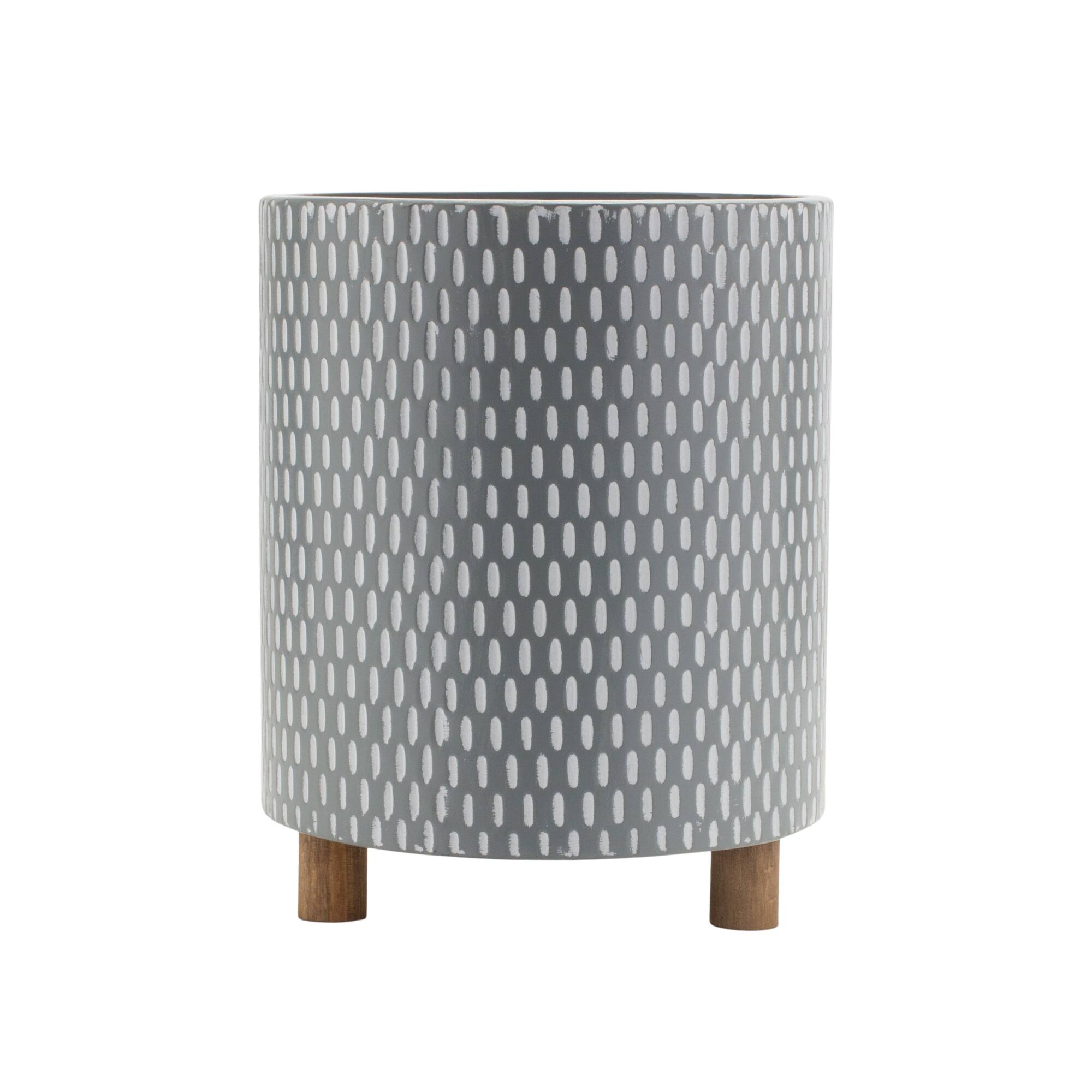Back. BreeBe - Iron Metal Planter with Geometric Design and Wood Legs (Set of 3) - Blue, White, Grey.