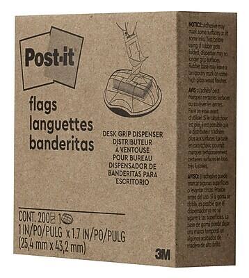 Post-it  
flags  
languettes  
banderitas  

DESK GRIP DISPENSER  
DISTRIBUTEUR  
VENTOUSE POUR BUREAU  
DISPENSADOR DE BANDERITAS PARA ESCRITORIO  

CONT. 200  
1 IN/PO/PULG x 1.7 IN/PO/PULG  
(25.4 mm x 43.2 mm)  

NOTICE: Adhesive may not stick to all surfaces. For best results, use on smooth, clean, dry surfaces. Do not use on non-porous surfaces, such as glass, plastic, or metal. Rubber-based adhesive may not stick to all surfaces. For best results, use on smooth, clean, dry surfaces. Do not use on non-porous surfaces, such as glass, plastic, or metal. High temperature may cause adhesive to lose its stickiness.  

AVISO: El adhesivo puede no adherirse a todas las superficies. Para mejores resultados, use en superficies lisas, limpias y secas. No use en superficies no porosas, como vidrio, plástico o metal. El adhesivo de goma natural puede no adherirse a todas las