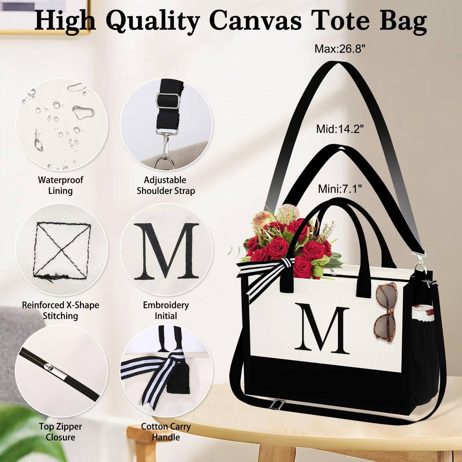 High Quality Canvas Tote Bag  
Max: 26.8"  
Mid: 14.2"  
Mini: 7.1"  

- Waterproof Lining  
- Adjustable Shoulder Strap  
- Reinforced X-Shape Stitching  
- Embroidery Initial  
- Top Zipper Closure  
- Cotton Carry Handle