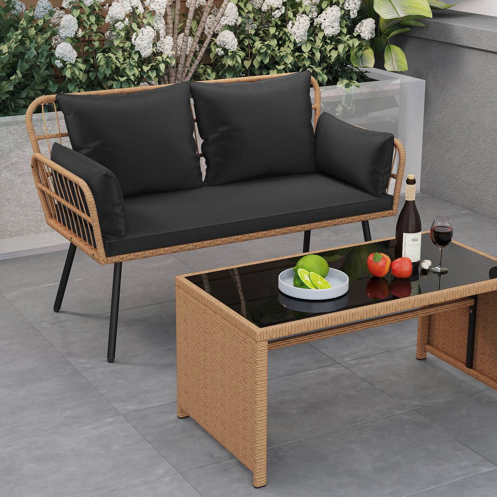 Alt View 3. Costway - Costway Patio Wicker Loveseat Furniture with Seat Back Cushions, Heavy-Duty Metal Legs - Black.