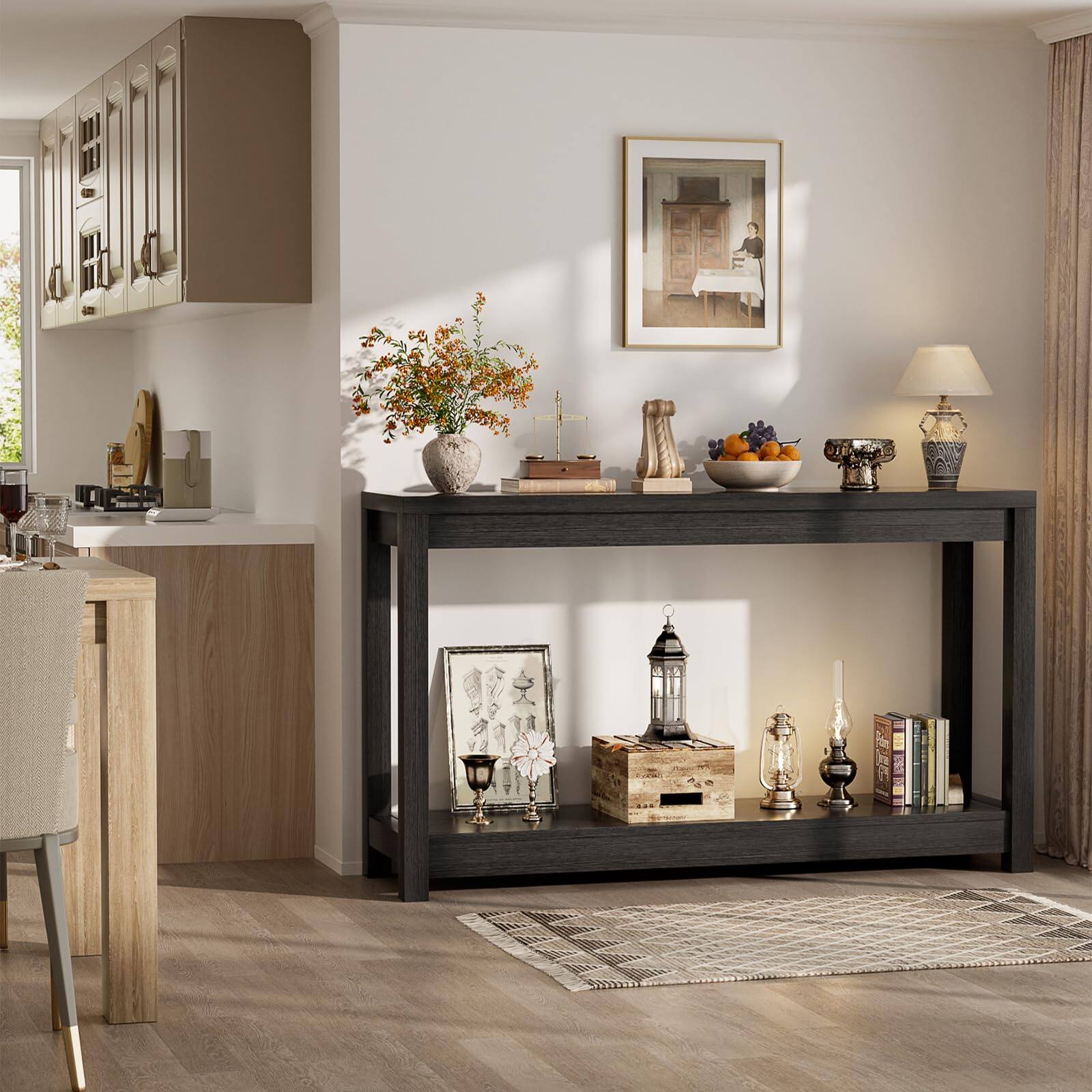 Alt View 3. Aheaplus - 47" Farmhouse Wood Entryway Table: Narrow Console with Open Storage Shelves for Behind Couch, Easy Assembly - Black.