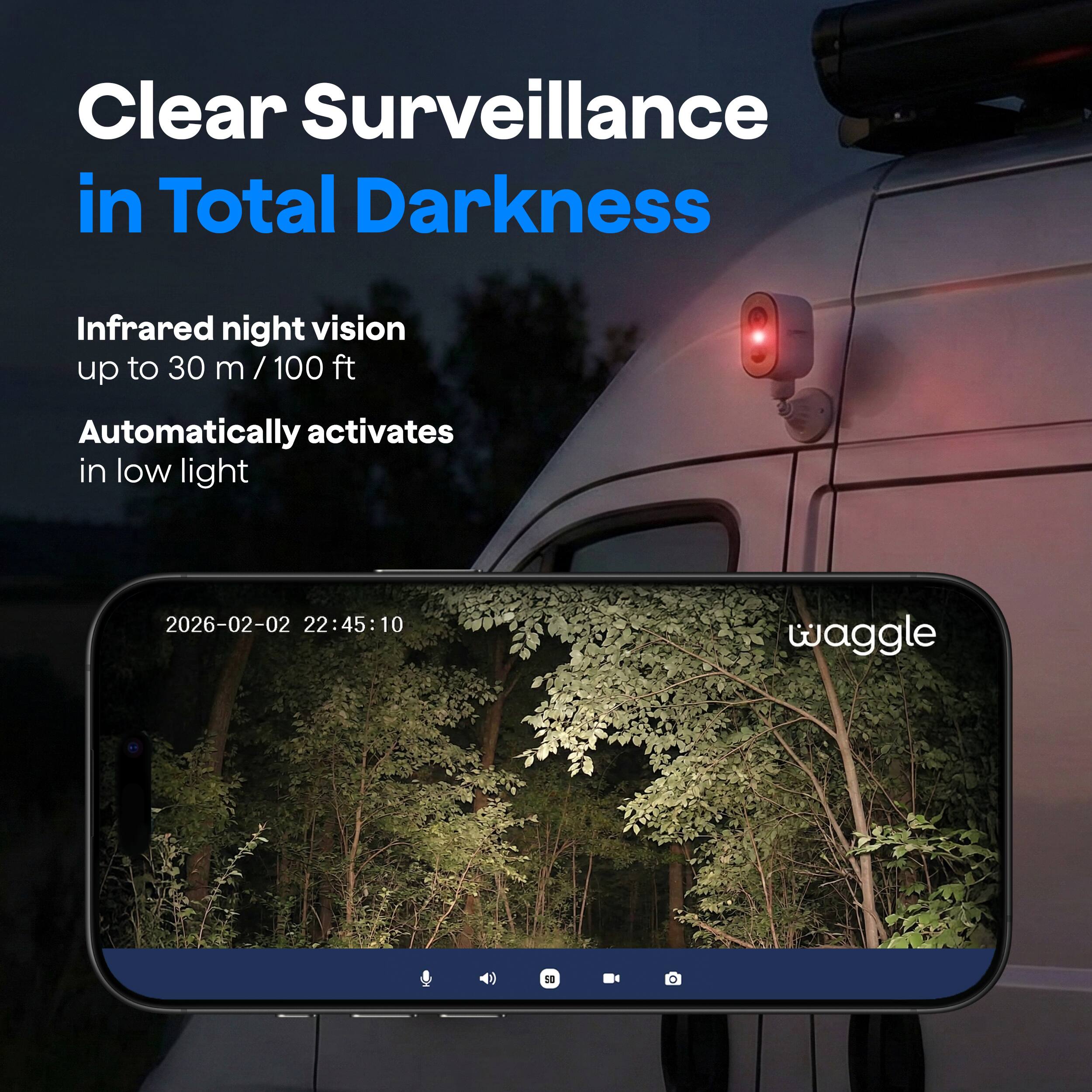 Clear Surveillance in Total Darkness  
Infrared night vision up to 30 m / 100 ft  
Automatically activates in low light  

2026-02-02 22:45:10  
waggle