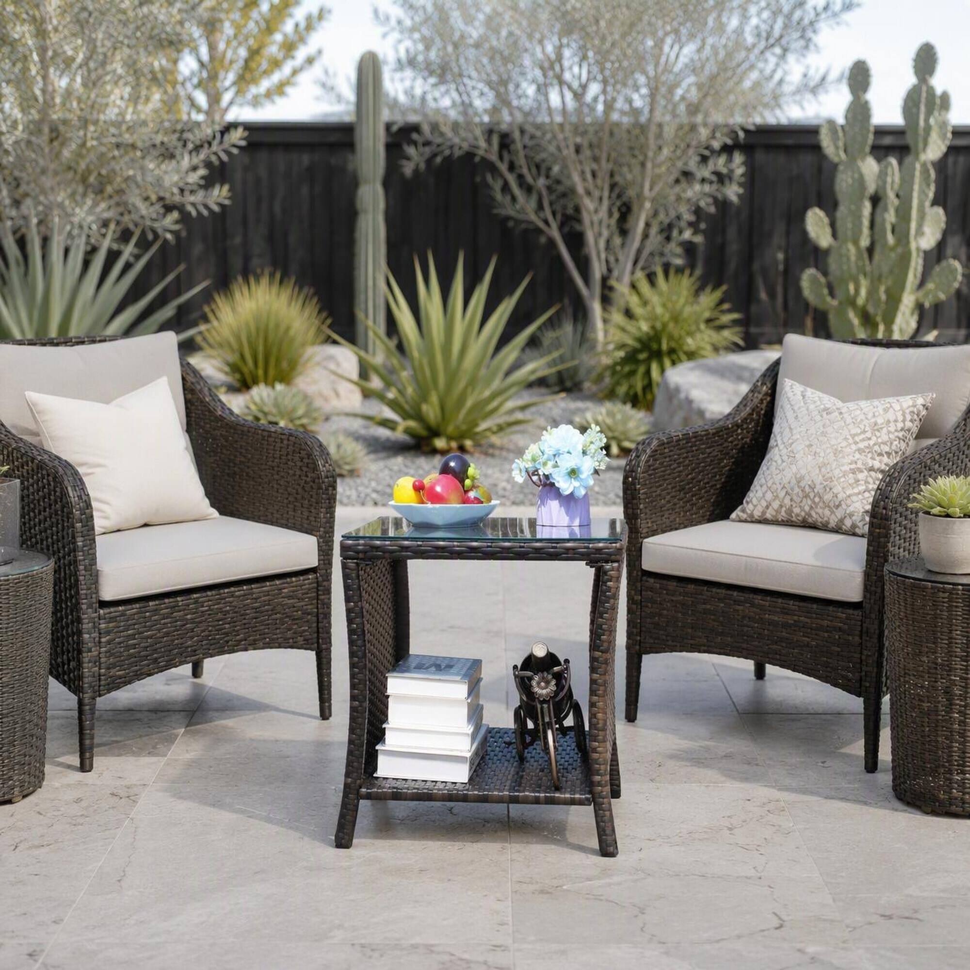 Left. RYHNUYNE - Brown Wicker Coffee Table with Clear Tempered Glass Top, Weather-Resistant Outdoor Patio Furniture - Brown.