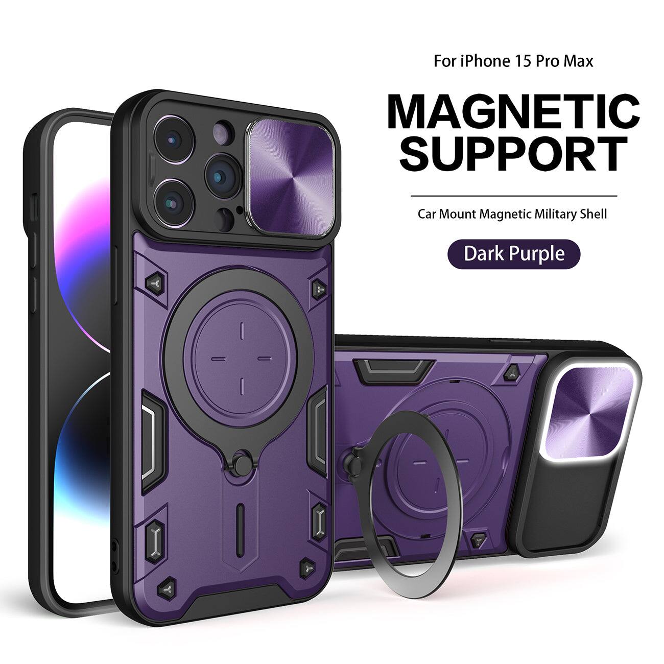For iPhone 15 Pro Max  
MAGNETIC SUPPORT  
Car Mount Magnetic Military Shell  
Dark Purple