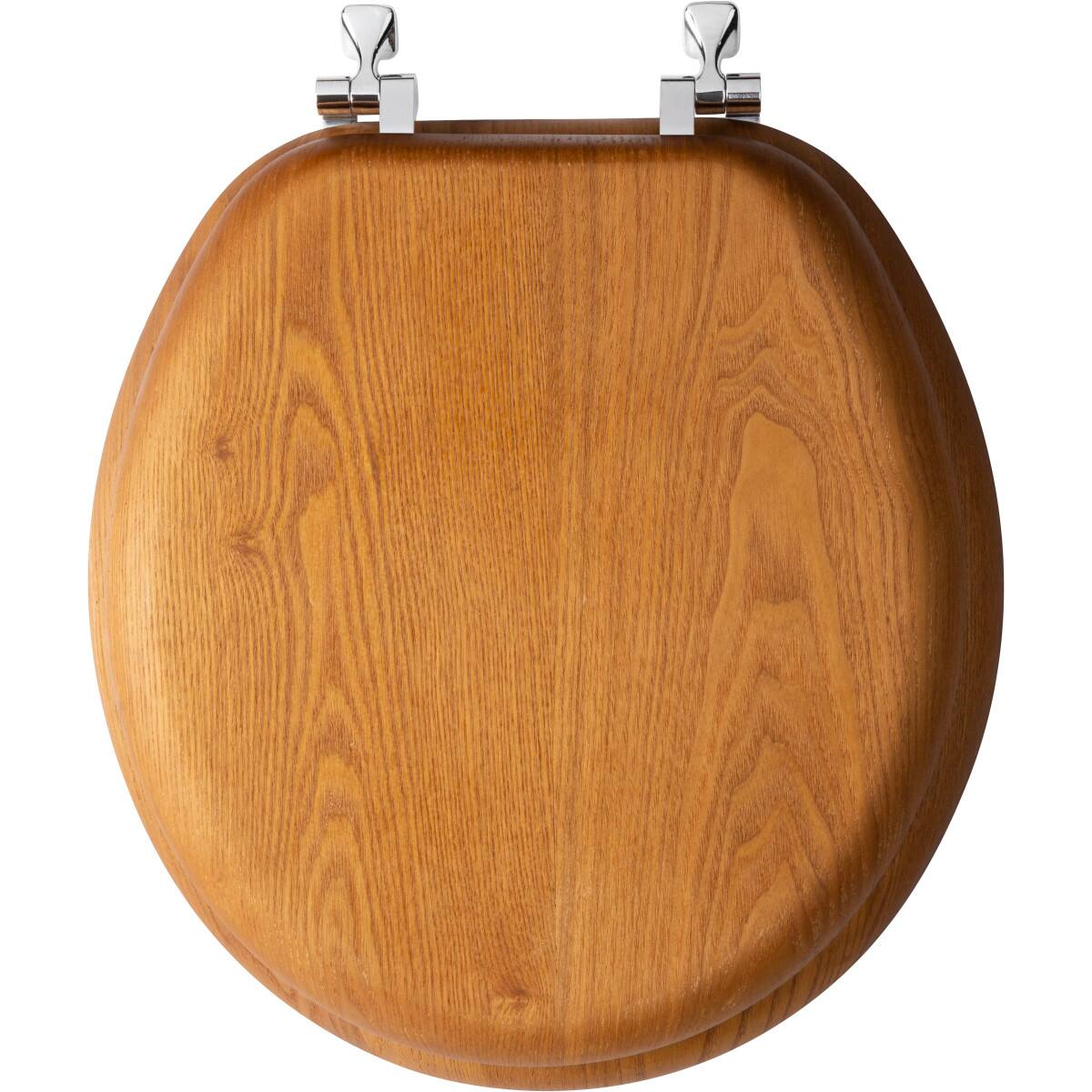 Angle. BEMIS - Mayfair Round Natural Reflections Wood Veneer Toilet Seat in Natural Oak with Chrome Hinge - Natural Oak.