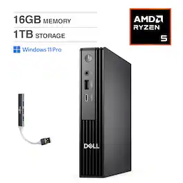 Dell - Pro Micro Mini Desktop (AMD Ryzen 5 8500GE, 16GB DDR5, 1TB PCIe SSD, AMD Radeon 740M, Win11Pro)w/USB Hub - Black