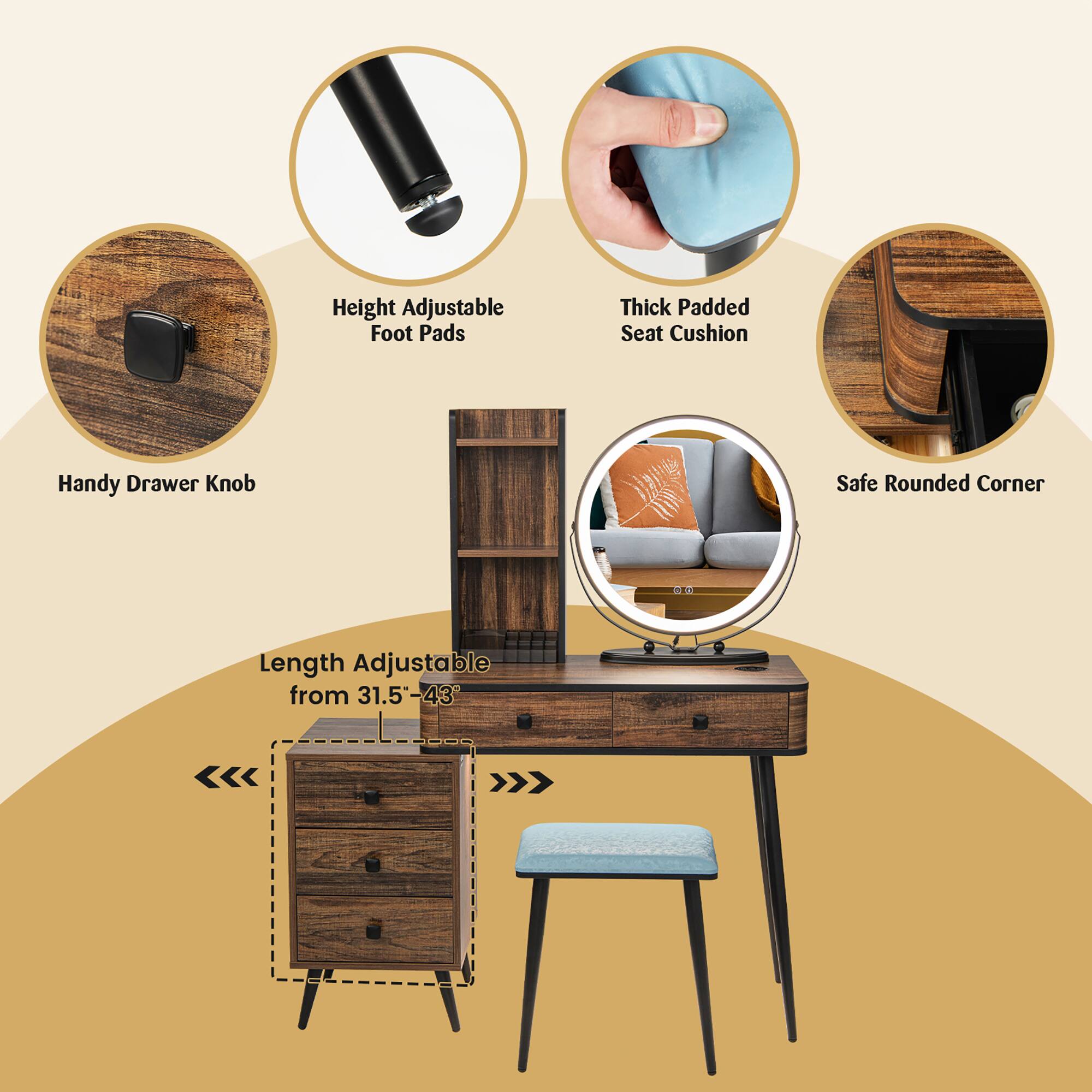 - Height Adjustable Foot Pads
- Thick Padded Seat Cushion
- Handy Drawer Knob
- Safe Rounded Corner
- Length Adjustable from 31.5-43"