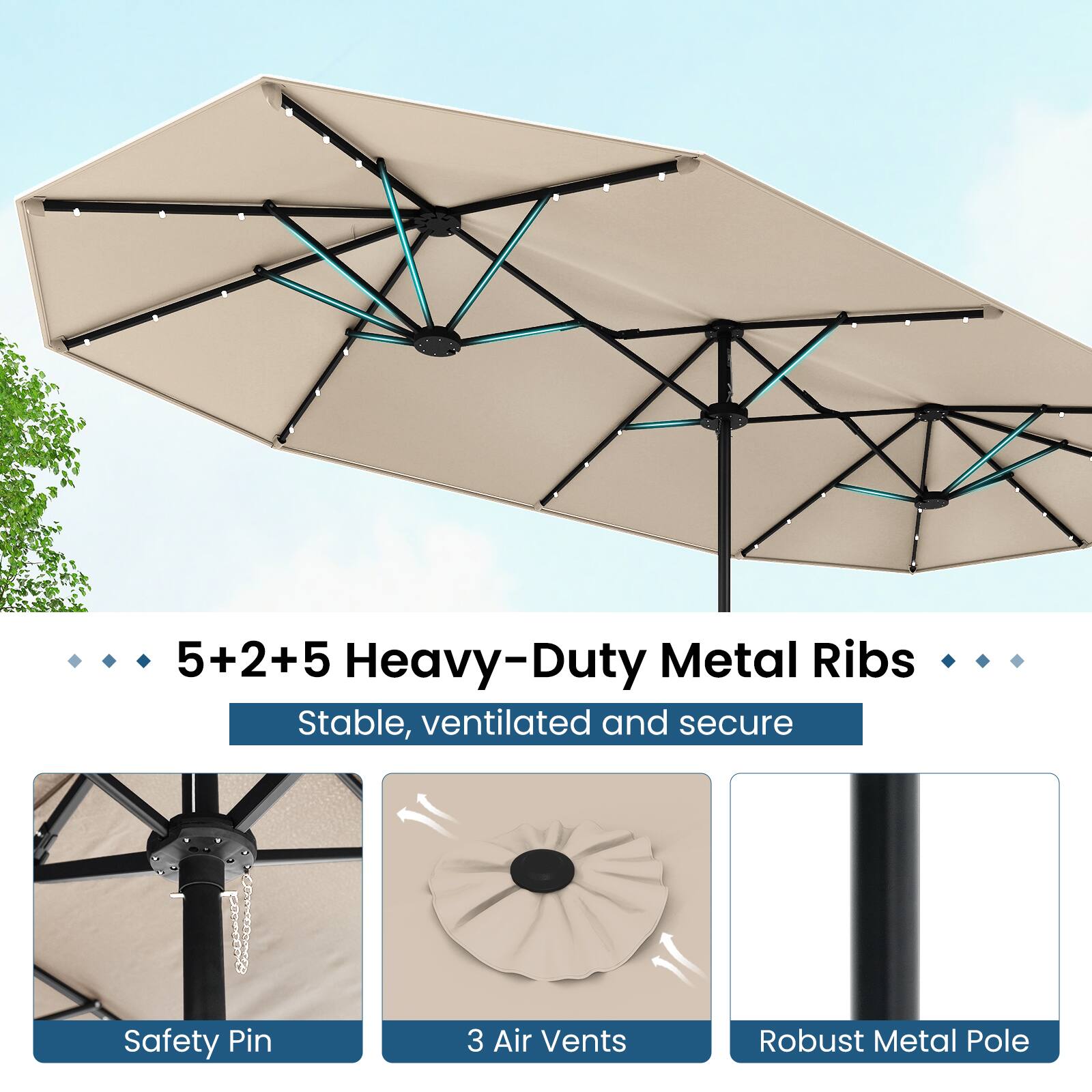 5+2+5 Heavy-Duty Metal Ribs  
Stable, ventilated and secure  
Safety Pin  
3 Air Vents  
Robust Metal Pole
