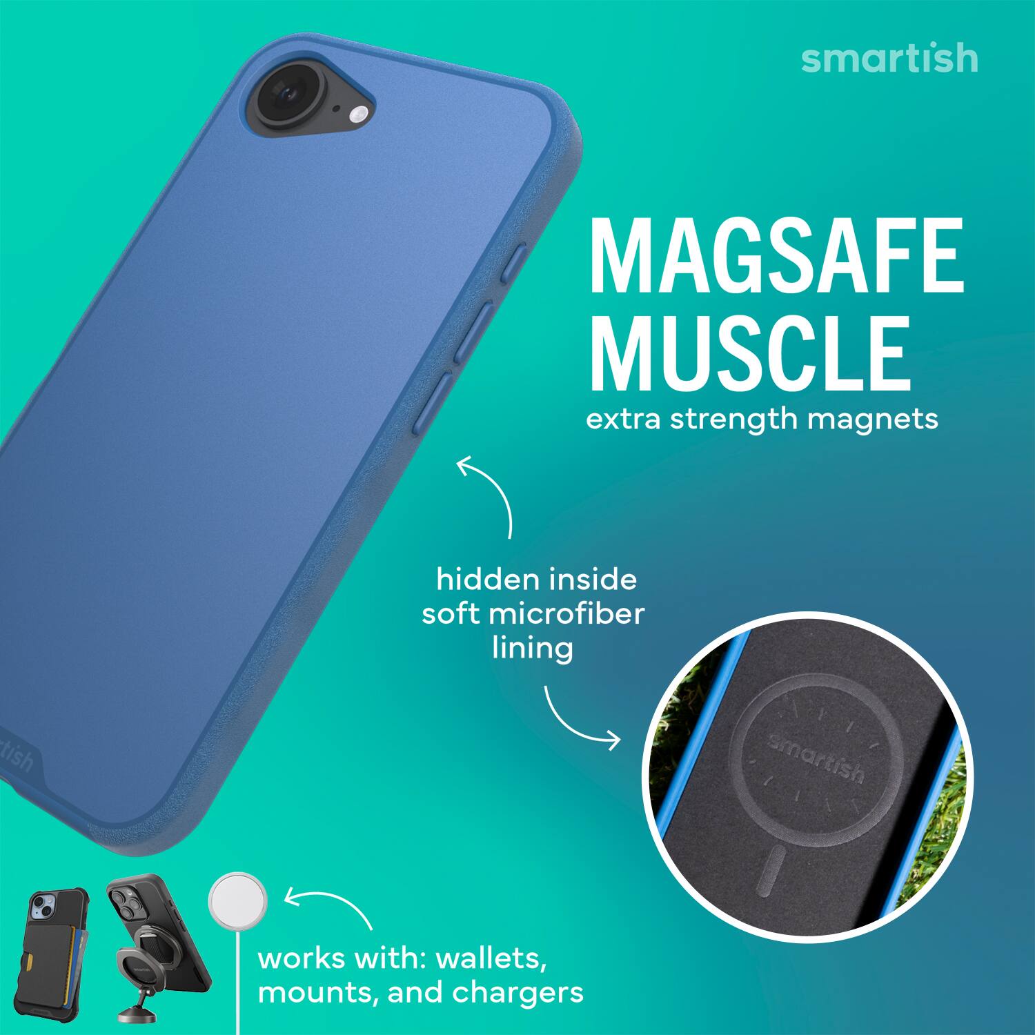 smartish MAGSAFE MUSCLE extra strength magnets hidden inside soft microfiber lining

smartish works with: wallets, mounts, and chargers