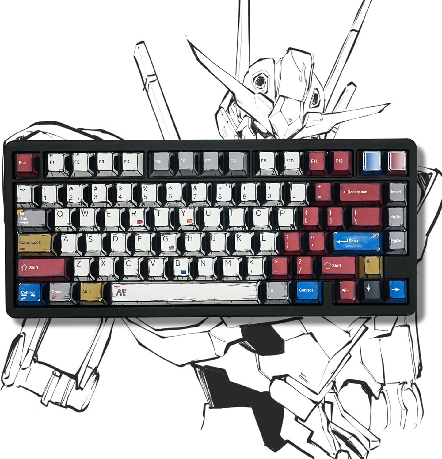 Esc F1 F2 F3 F4 F5 F6 F7 F8 F9 F10 F11 F12  
1 2 3 4 5 6 7 8 9 0 - = Backspace  
Tab Q W E R T Y U I O P [ ] \  
Caps Lock A S D F G H J K L ; ' Enter  
Shift Z X C V B N M , . / Shift  
Fn Control Code Alt Fn Control