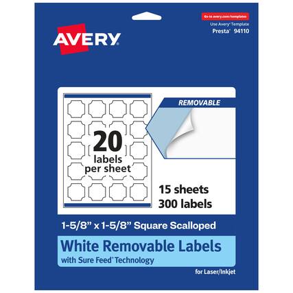 Go to avery.com/templates
AVERY
Use Avery Template Presta® 94110
20 labels per sheet
15 sheets
300 labels
1-5/8" x 1-5/8" Square Scalloped
White Removable Labels with Sure Feed® Technology
for Laser/Inkjet