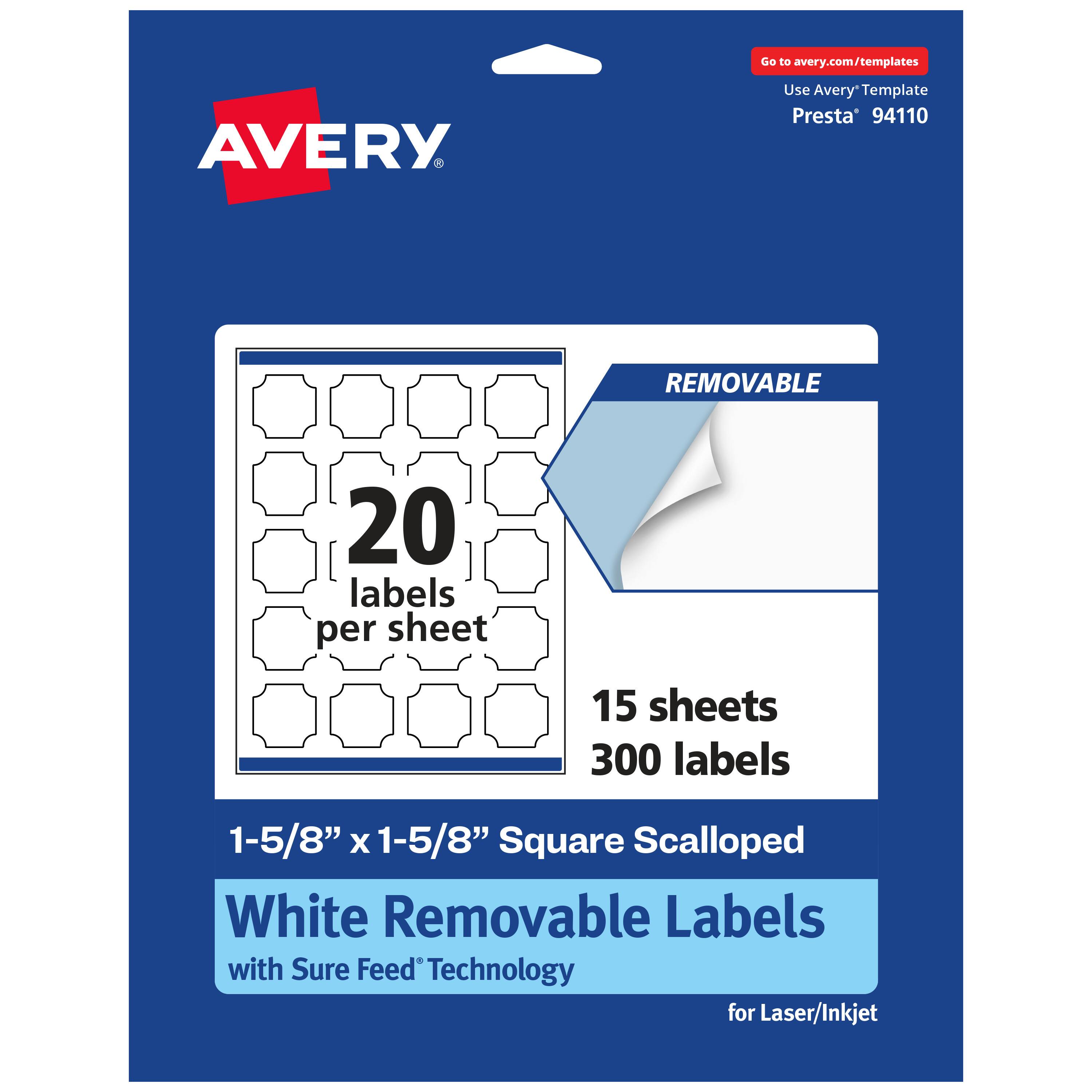 Go to avery.com/templates  
AVERY  
Use Avery Template Presta® 94110  

20 labels per sheet  
15 sheets  
300 labels  

1-5/8" x 1-5/8" Square Scalloped  
White Removable Labels with Sure Feed® Technology  
for Laser/Inkjet