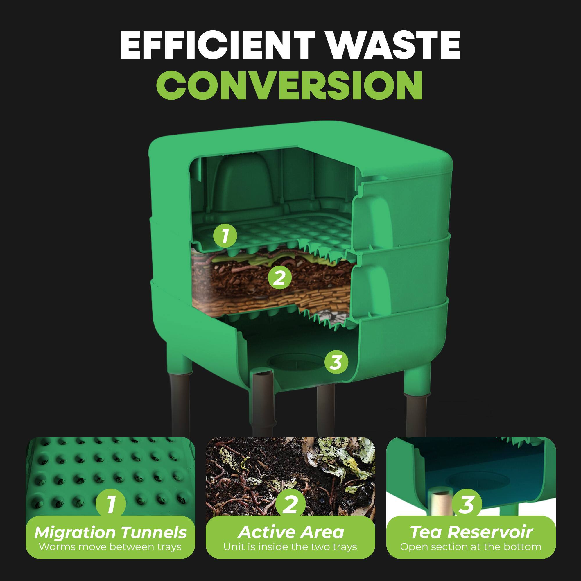 EFFICIENT WASTE CONVERSION

1. Migration Tunnels
   - Worms move between trays

2. Active Area
   - Unit is inside the two trays

3. Tea Reservoir
   - Open section at the bottom