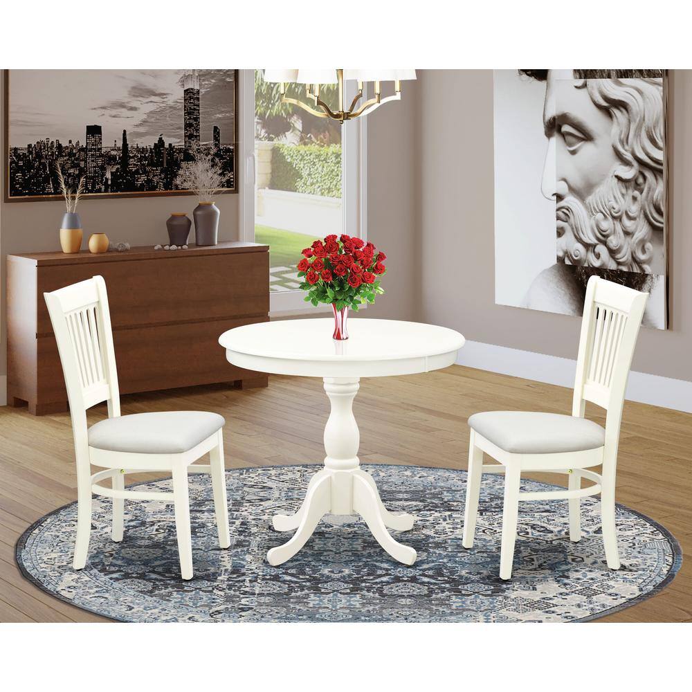 Alt View 4. East West Furniture - AMVA3-LWH-C - 3-Piece Dinette Set- 2 Dining Room Chair and Round Dining Table - Linen Fabric Seat and Slatted Chair - Linen White.