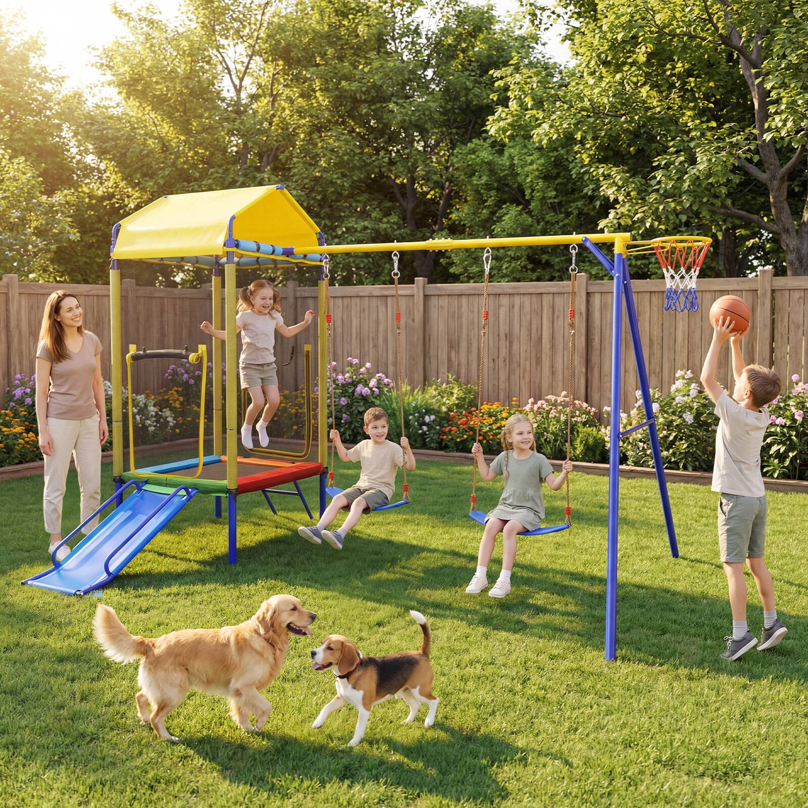 Alt View 1. Gymax - Gymax 5-in-1 Kids Swing Set w/Trampoline Roof 2 Belt Swings Slide Ladder for Children - Yellow.