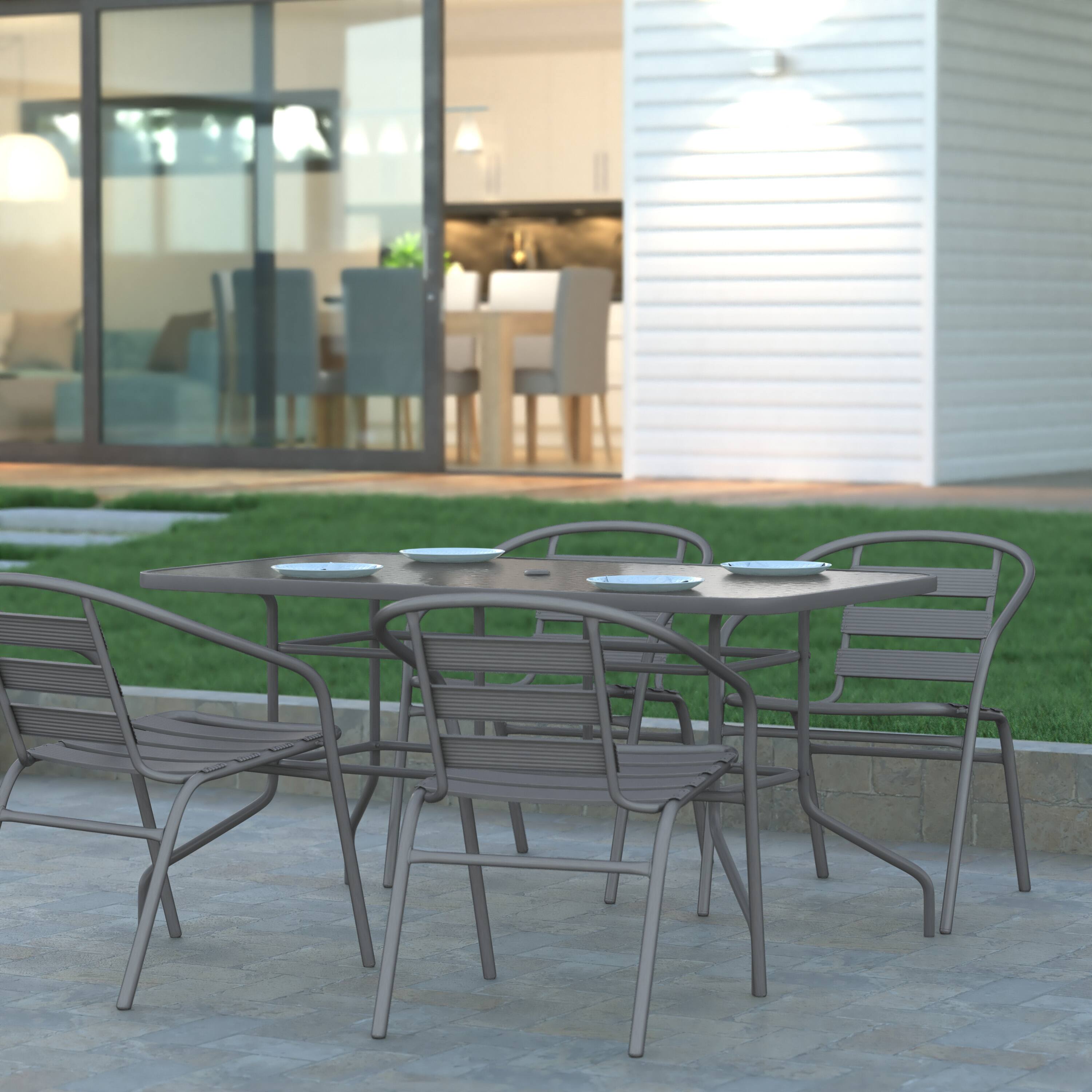 Alt View 1. Emma + Oliver - 31.5" x 55" Rectangular Tempered Glass Metal Table with Umbrella Hole - Clear Top/Silver Frame.