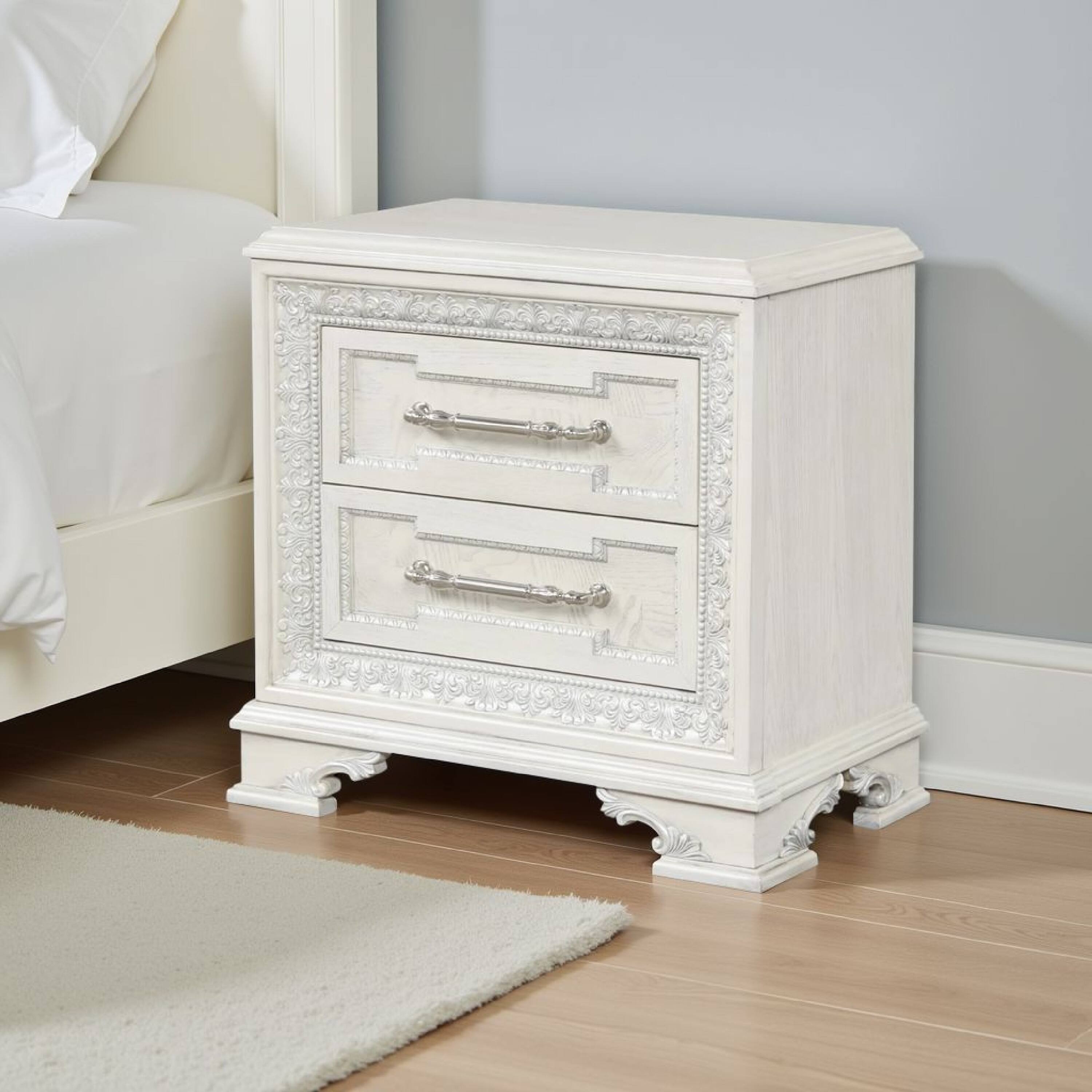 Alt View 5. Manhattan Lane - Miamy Nightstand, USB, 2 Drawers, 29 Inch - Creamy White, Silver.