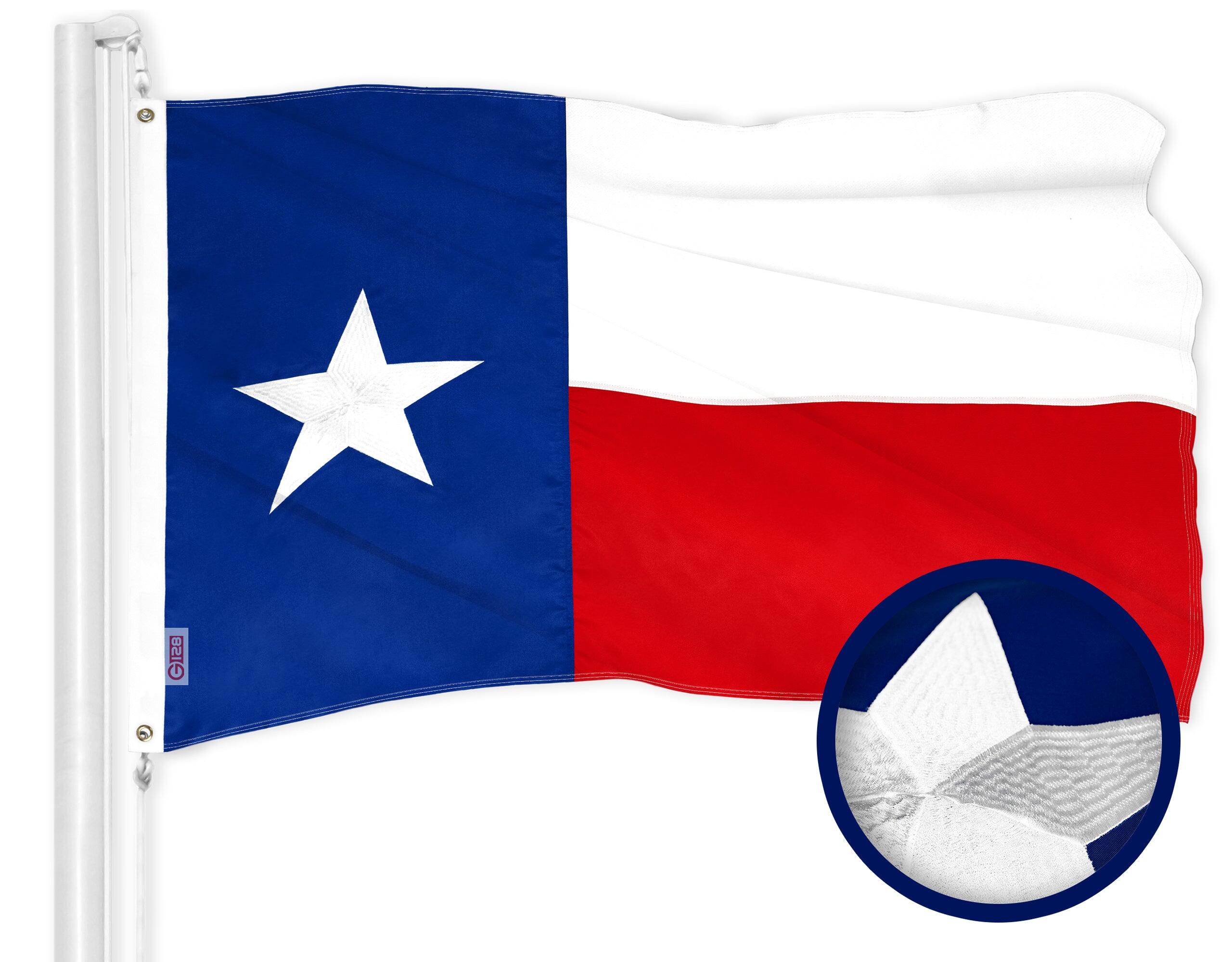 Front. G128 - Texas State Flag - 4 x 6 ft Embroidered 300D Polyester, Indoor/Outdoor, Brass Grommets. - Assorted Colors.