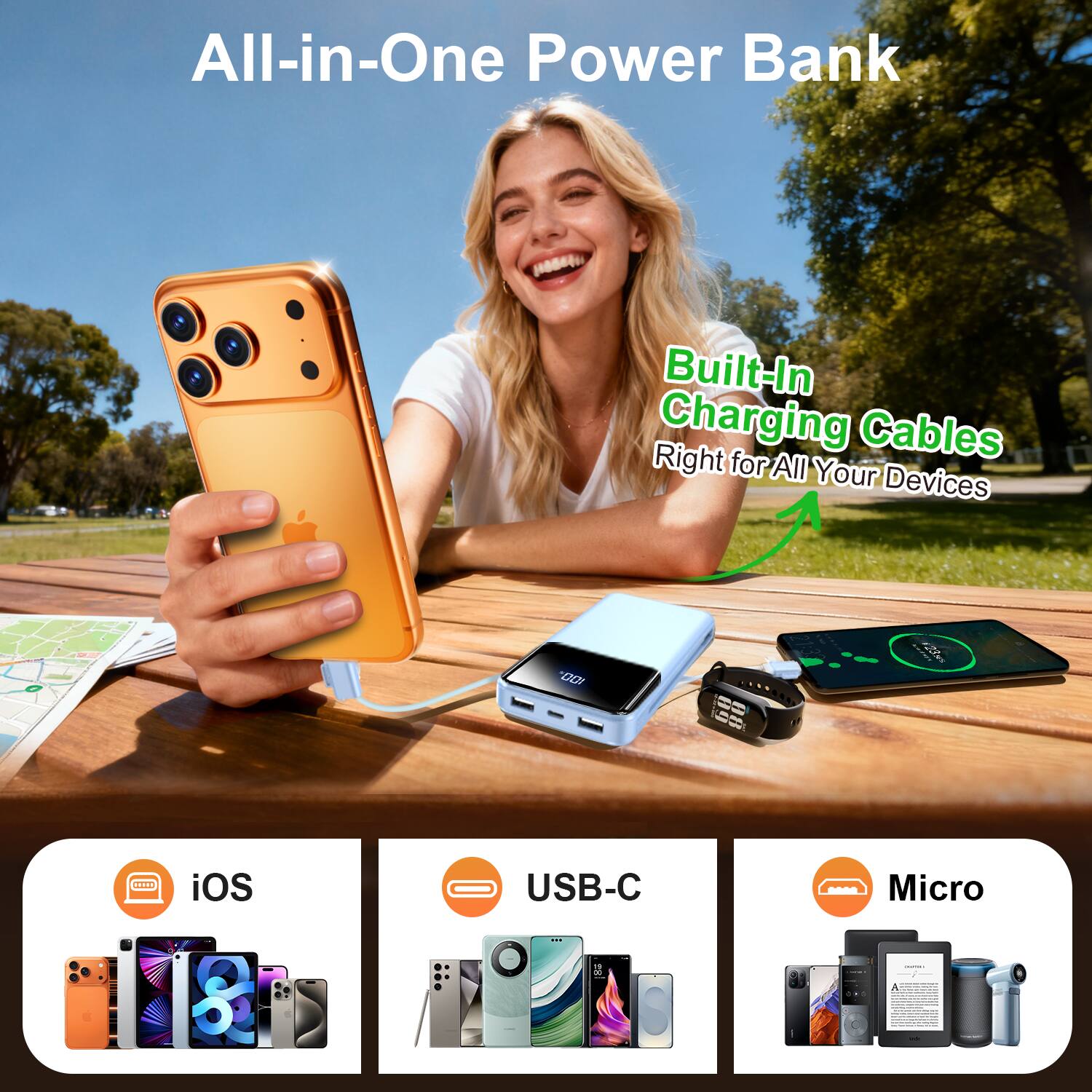 All-in-One Power Bank

Built-In Charging Cables
Right for All Your Devices

iOS
USB-C
Micro