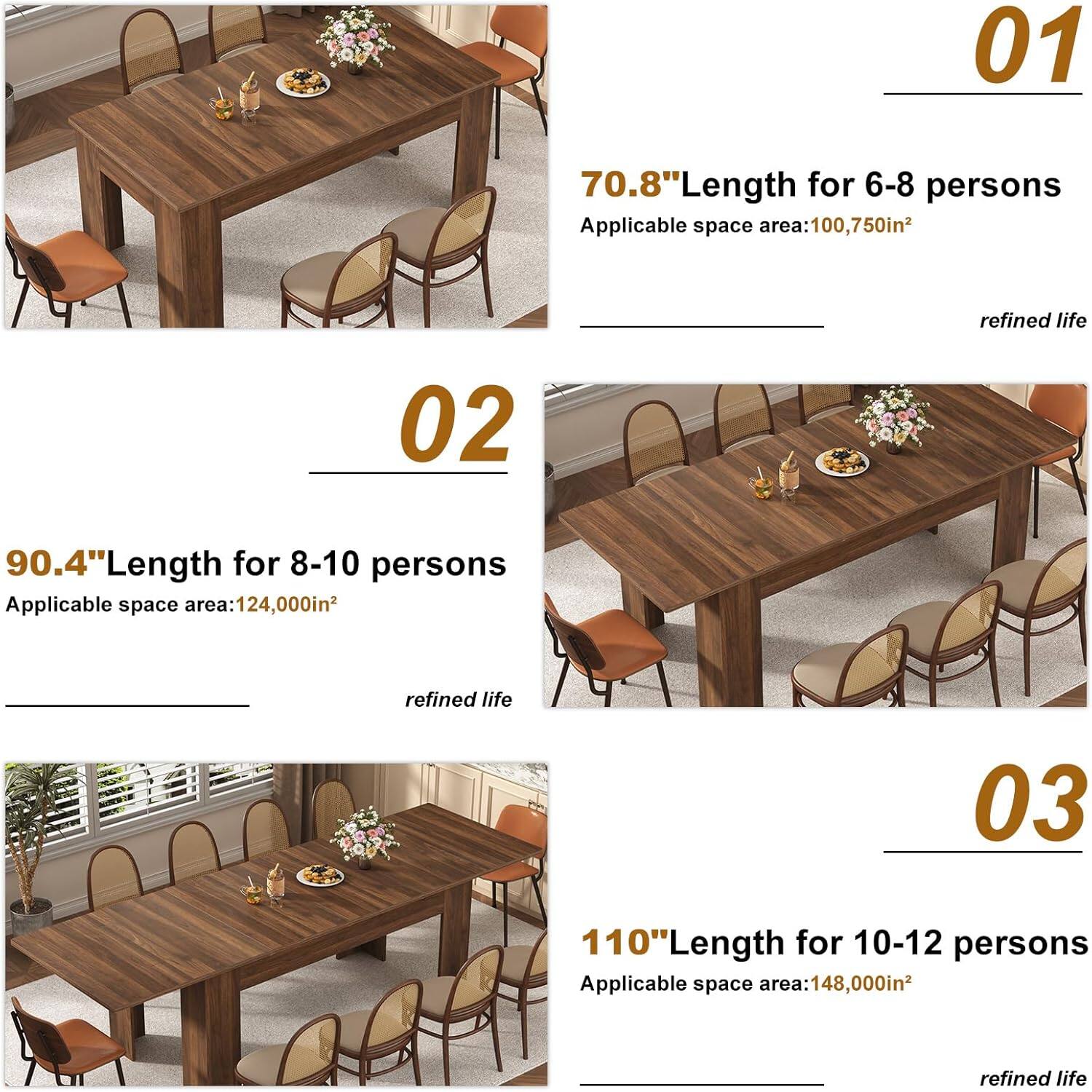 01 70.8" Length for 6-8 persons Applicable space area: 100,750in² refined life  
02 90.4" Length for 8-10 persons Applicable space area: 124,000in² refined life  
03 110" Length for 10-12 persons Applicable space area: 148,000in² refined life