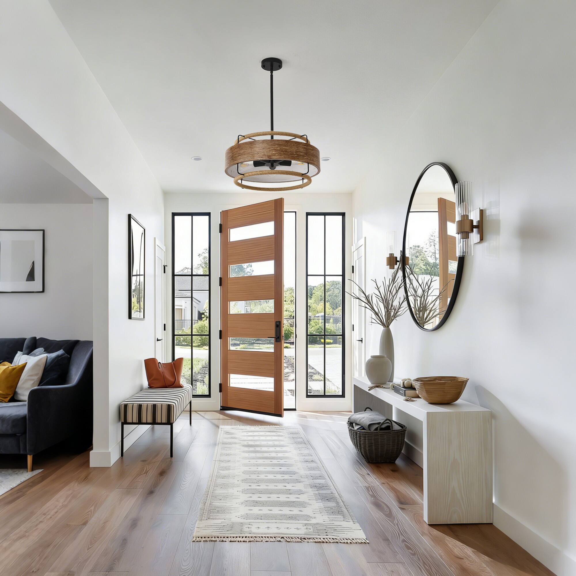 Back. RYHNUYNE - 5 Light Modern Industrial Chandelier, 19.68" Wood-Coloured Metal Pendant Light, Adjustable Height Ceiling Light.