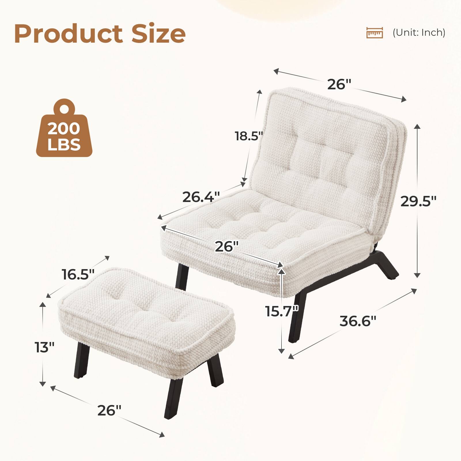 Product Size (Unit: Inch)  
26" x 18.5" x 29.5" x 26.4" x 15.7" x 36.6" x 16.5" x 13" x 26"  
200 LBS