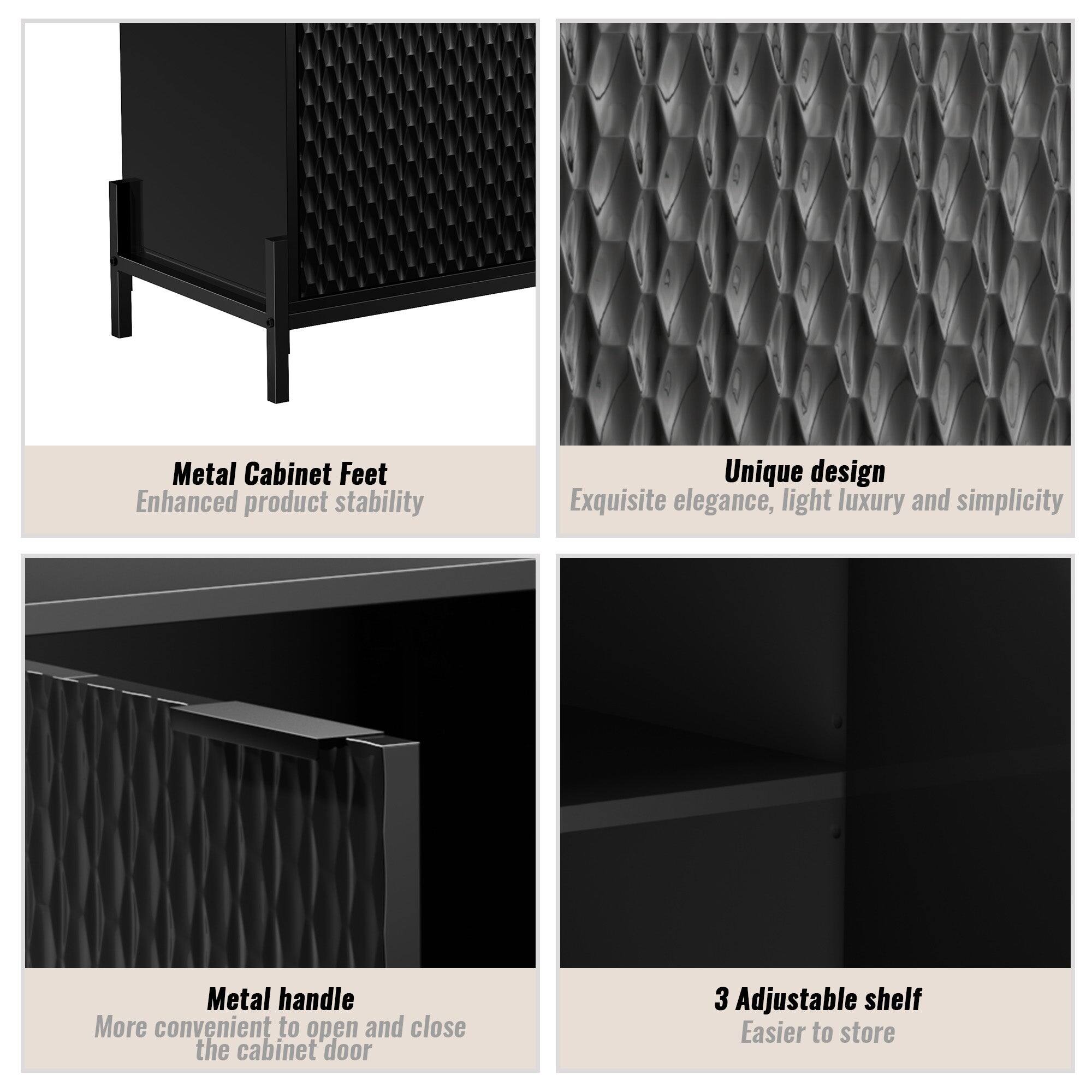 - Metal Cabinet Feet
  - Enhanced product stability

- Unique design
  - Exquisite elegance, light luxury and simplicity

- Metal handle
  - More convenient to open and close the cabinet door

- 3 Adjustable shelf
  - Easier to store