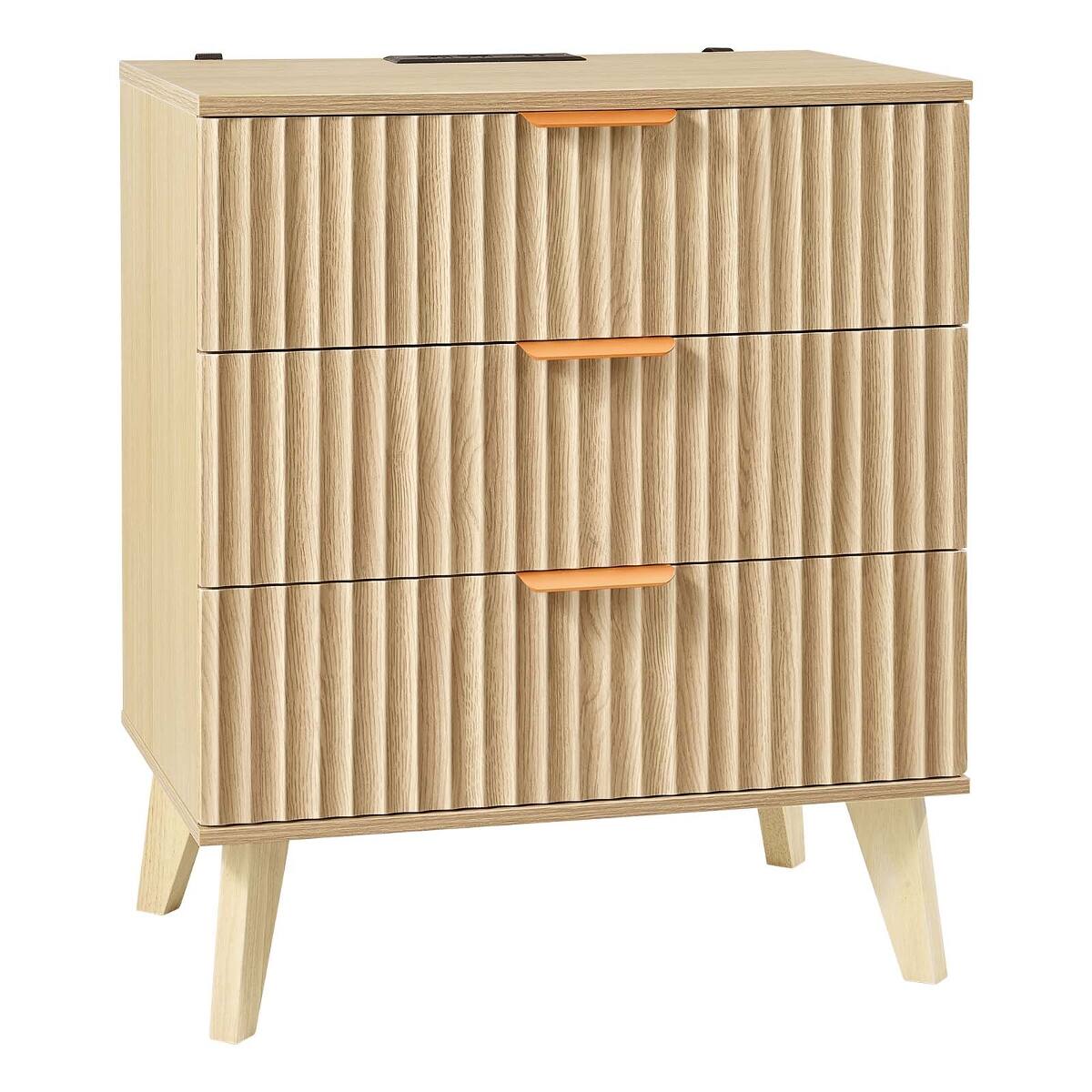 Left. Loheer - Loheer Fluted Nightstand with Charging Station, Three Drawers and Open Shelf, Khaki - Khaki.
