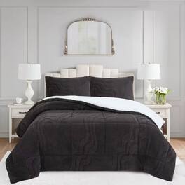 MarCielo - 3 PCS Wave Jacquard Soft Plush Comforter Set - Dark Gray