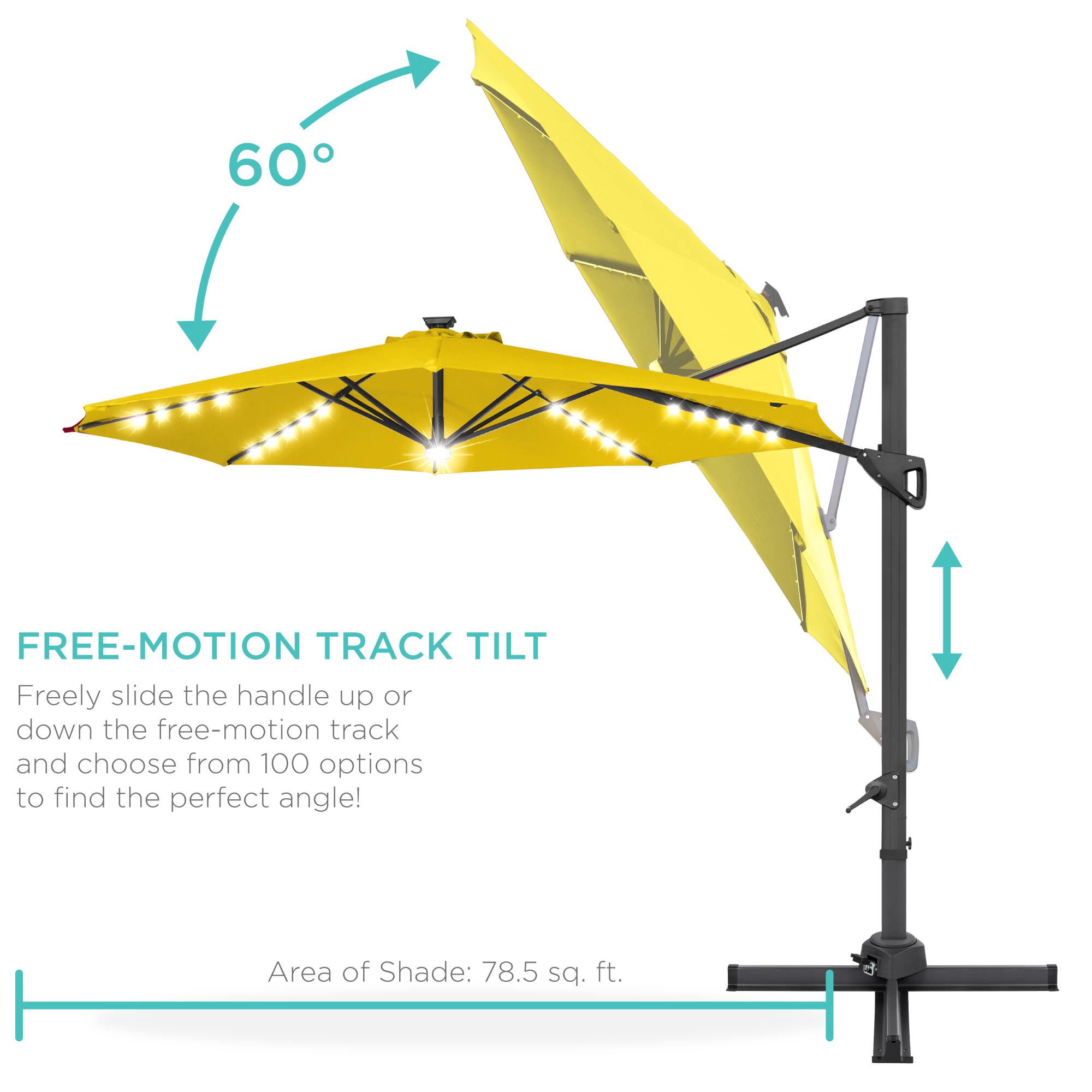 FREE-MOTION TRACK TILT  
Freely slide the handle up or down the free-motion track and choose from 100 options to find the perfect angle!  

Area of Shade: 78.5 sq. ft.