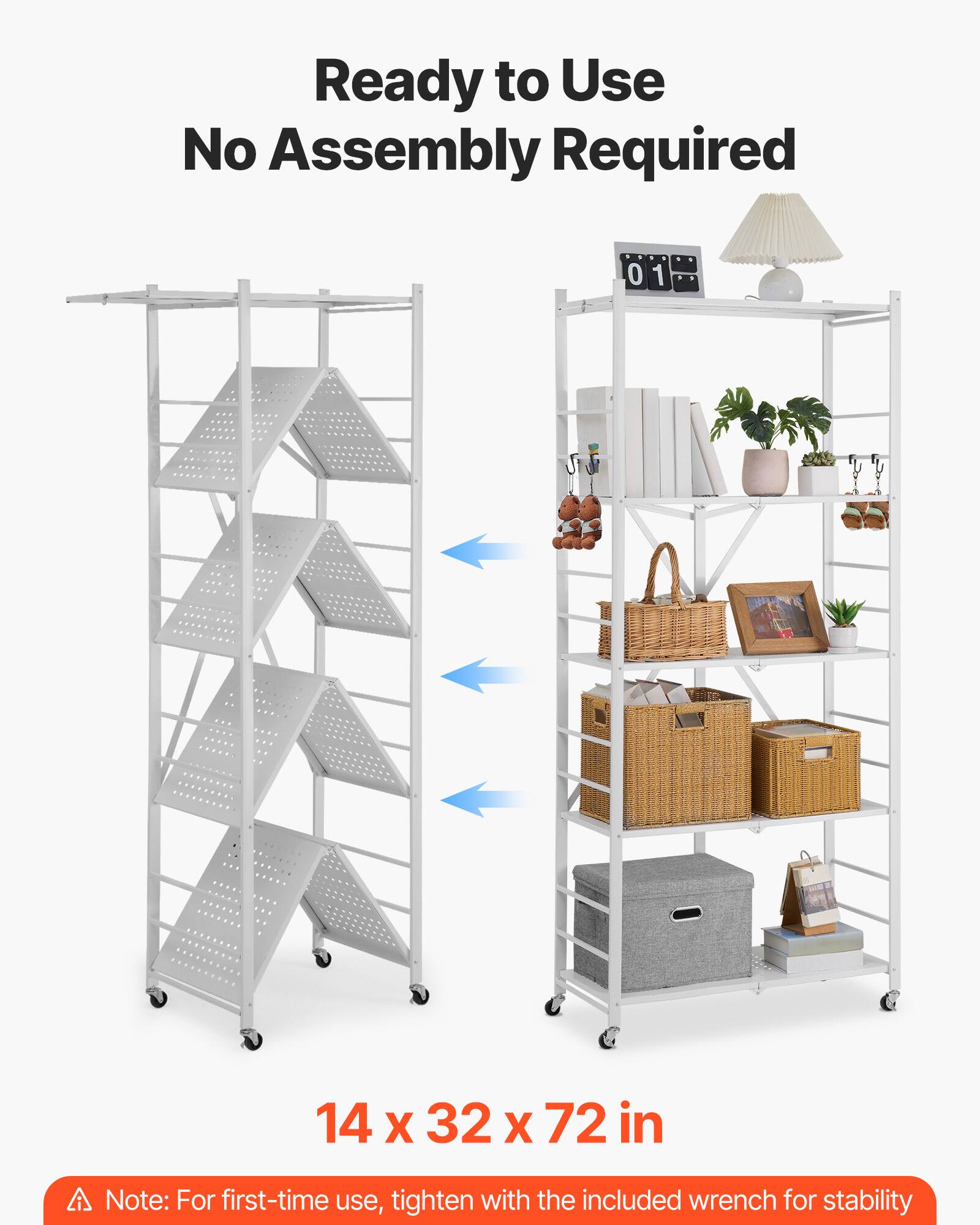 Ready to Use, No Assembly Required, 14 x 32 x 72 in, A Note: For first-time use, tighten with the included wrench for stability
