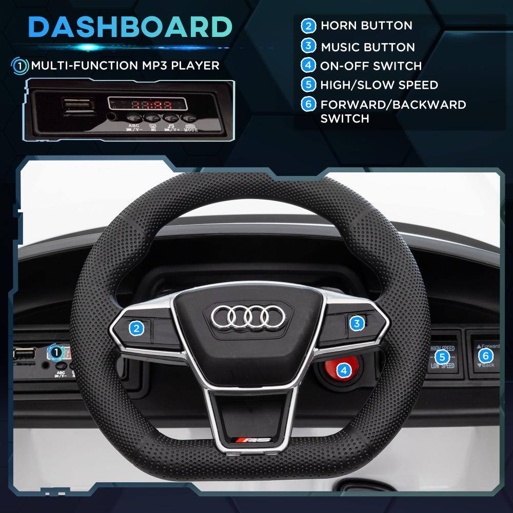 DASHBOARD

1. MULTI-FUNCTION MP3 PLAYER
2. HORN BUTTON
3. MUSIC BUTTON
4. ON-OFF SWITCH
5. HIGH/SLOW SPEED
6. FORWARD/BACKWARD SWITCH