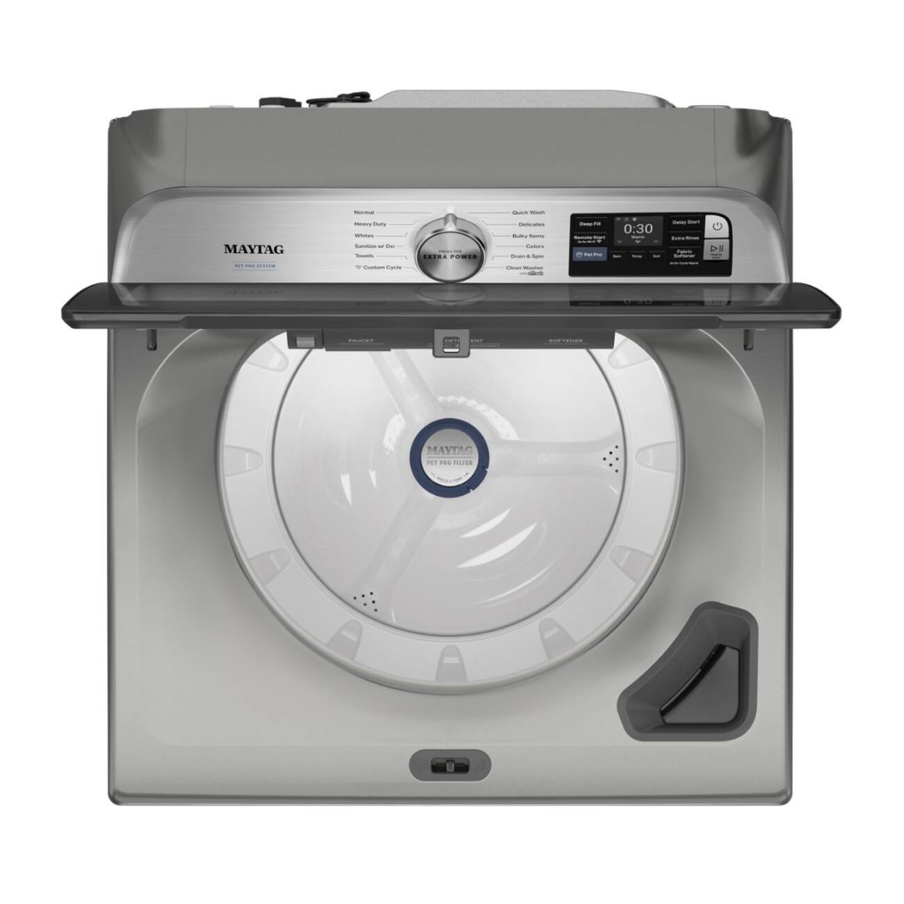 Nal  
Quick Wash  
MAYTAG  
Heavy Duty Whites Sanitize - Del Towels  
EXTRA POWER  
Delicates Buckets, Calors Crain - Spir  
Deep At thunume YOUT 7 Per:Pro  
0:30 -  
Daily PAR to Reen Fabric Deftener  
PIT rus  
Custom Cycle  
reaC Washer  
diad  
FRUCET  
SOFTENER  
MAYTAG PET PRO FILTER