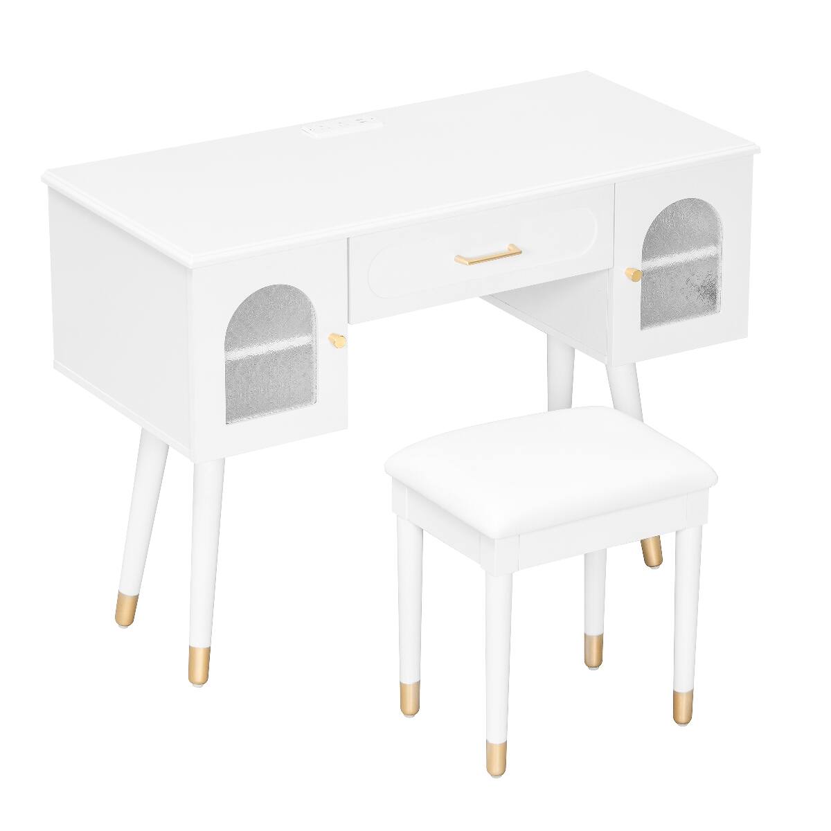 Alt View 1. Loheer - Loheer White Makeup Vanity Table with Stool and Charging Station - White.