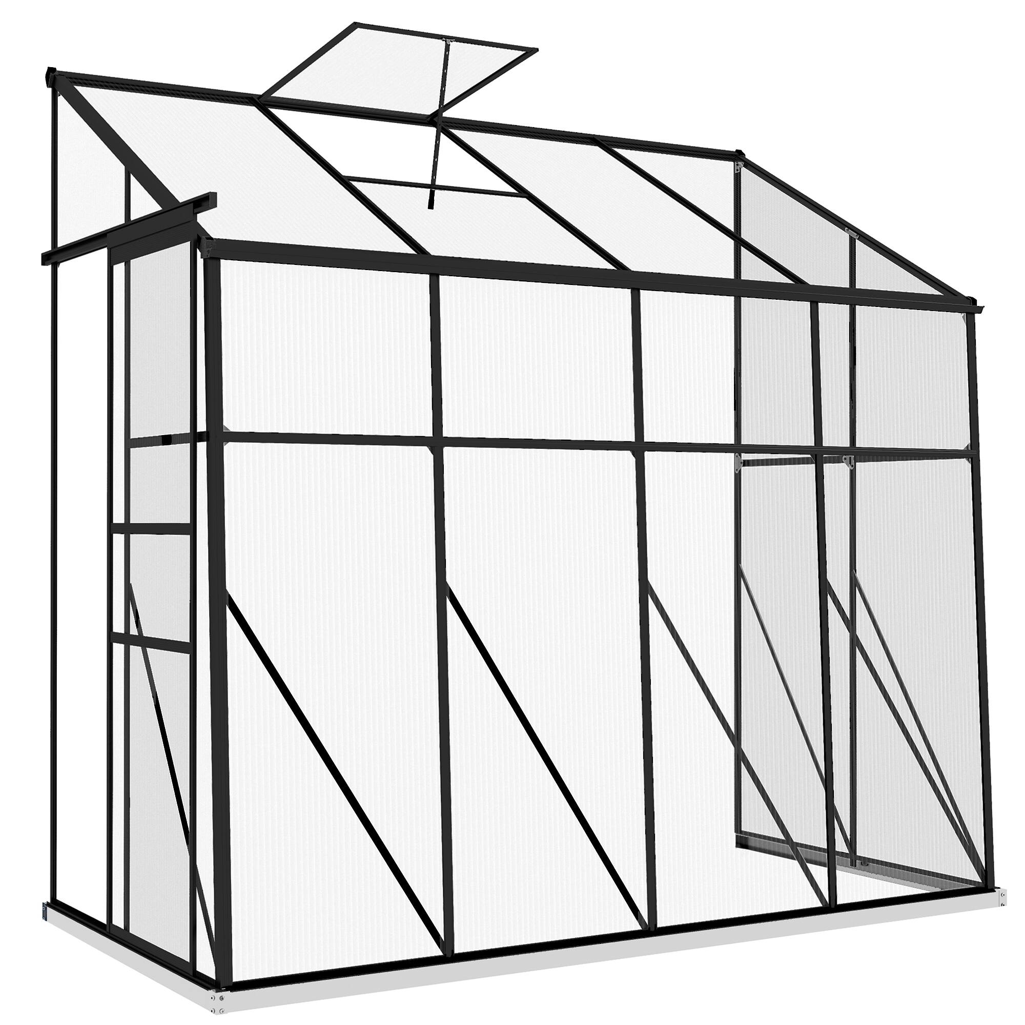 Front. Outsunny - 8' x 4' Lean-to Polycarbonate Greenhouse, Walk-in Hobby Green House with Sliding Door, 5-Level Roof Vent.