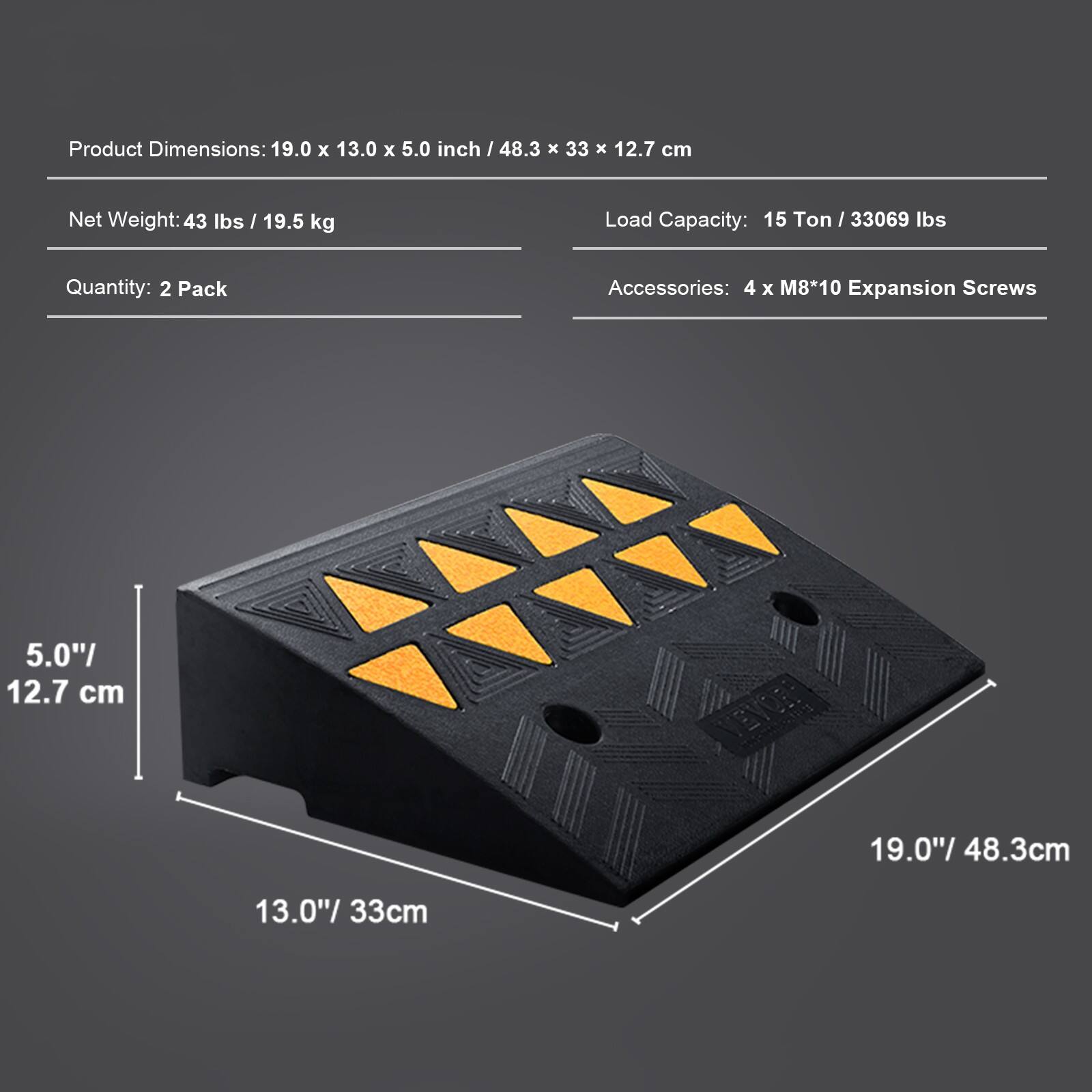 Product Dimensions: 19.0 x 13.0 x 5.0 inch / 48.3 x 33 x 12.7 cm  
Net Weight: 43 lbs / 19.5 kg  
Load Capacity: 15 Ton / 33069 lbs  
Quantity: 2 Pack  
Accessories: 4 x M8*10 Expansion Screws