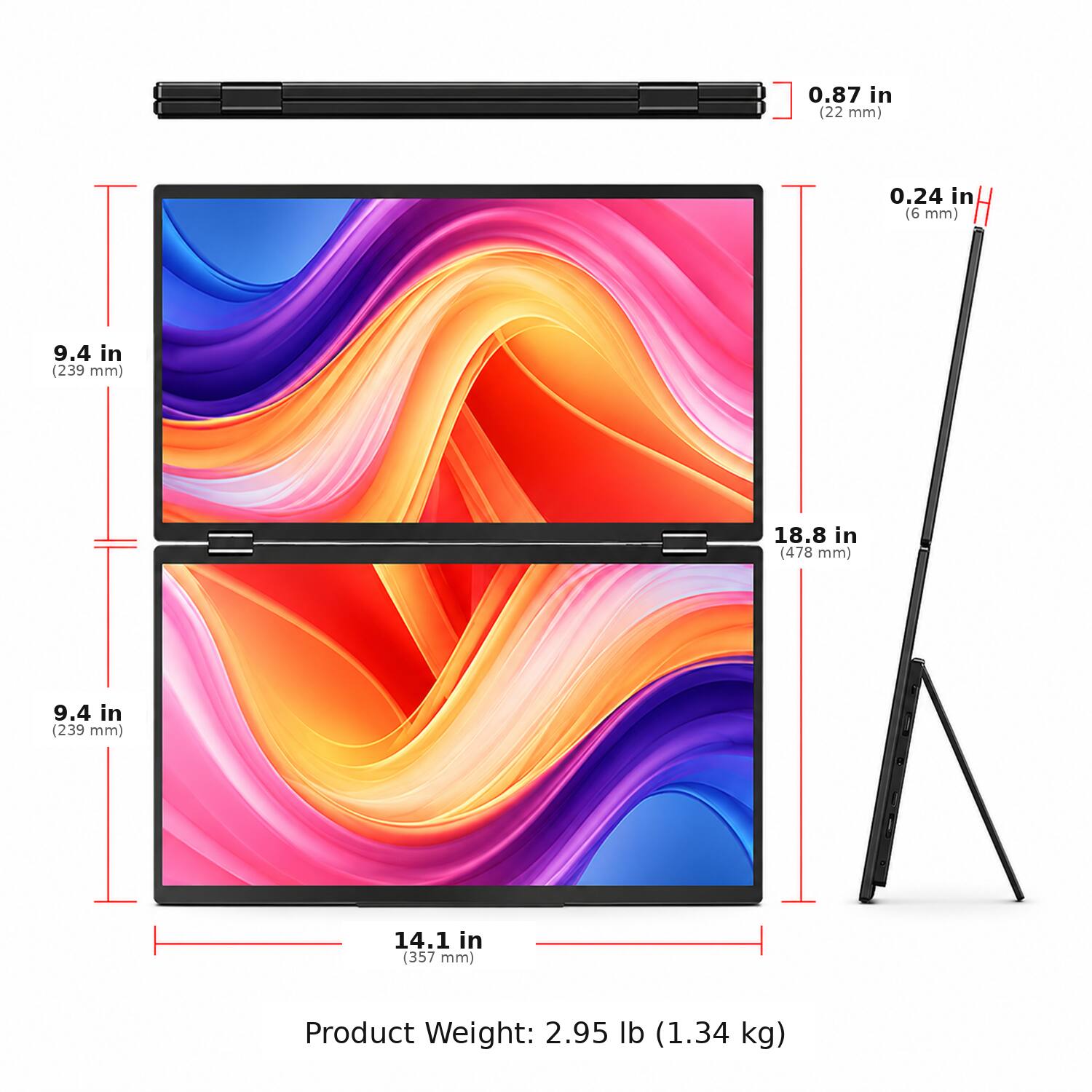 0.87 in (22 mm)  
0.24 in (6 mm)  
H  
9.4 in (239 mm)  
18.8 in (478 mm)  
9.4 in (239 mm)  
14.1 in (357 mm)  
Product Weight: 2.95 lb (1.34 kg)