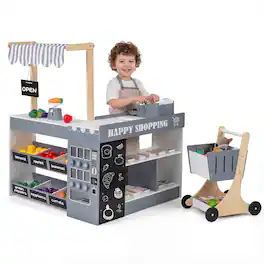 Costway - Kids Grocery Store Playset Wooden Pretend Play Supermarket with Shopping Cart - Gray + White