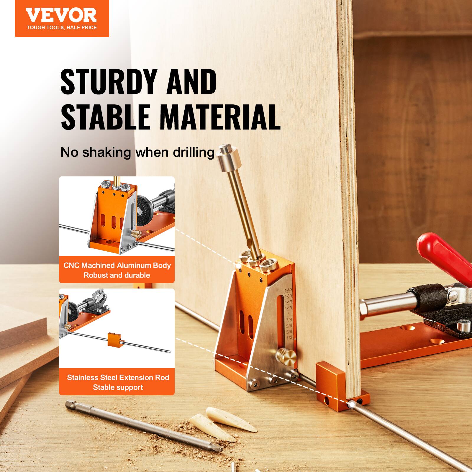 VEVOR  
TOUGH TOOLS, HALF PRICE  

STURDY AND STABLE MATERIAL  

No shaking when drilling  

CNC Machined Aluminum Body  
Robust and durable  

Stainless Steel Extension Rod  
Stable support