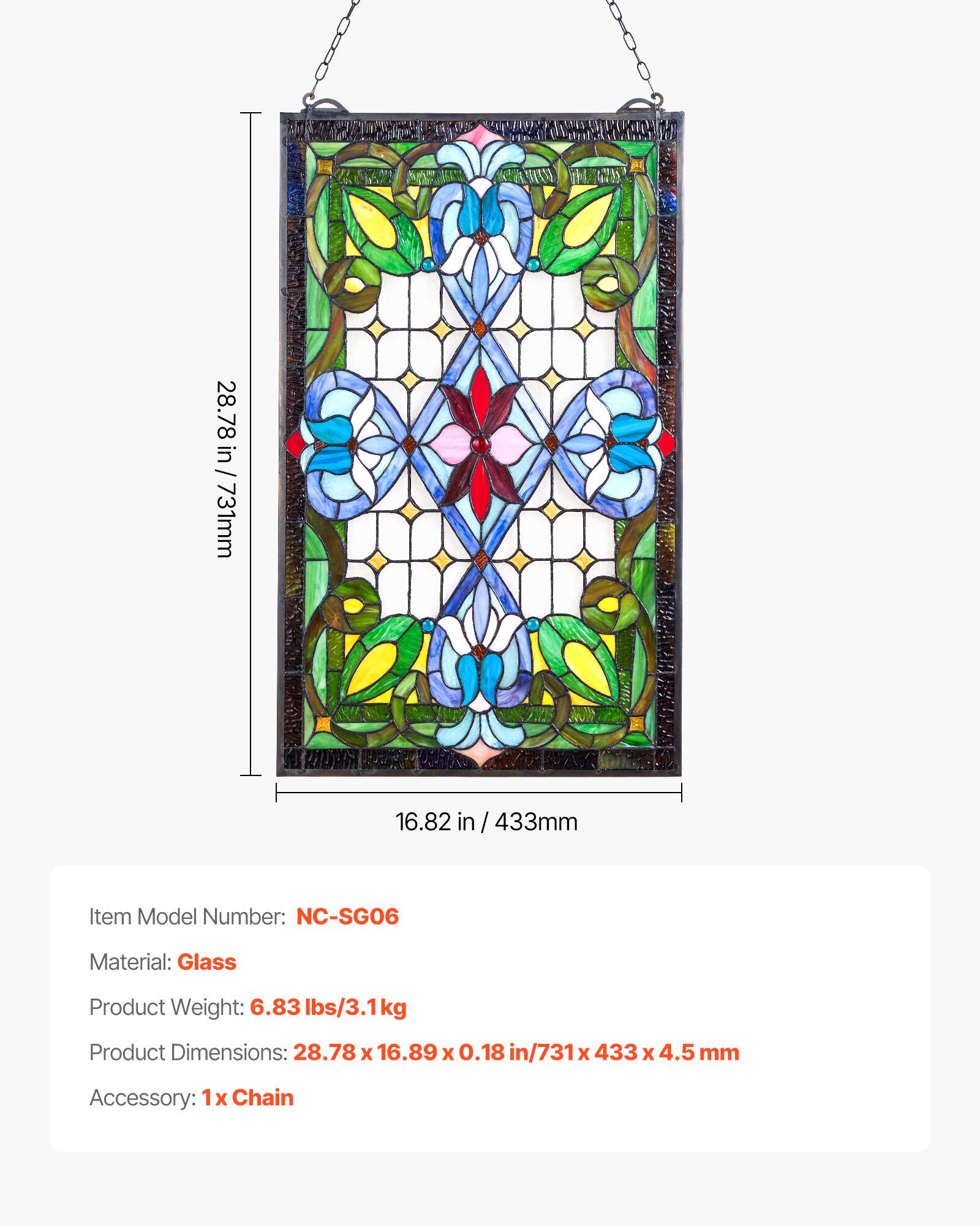 28.78 in / 28.78 in /731mm  
RD 16.82 in 433mm  
Item Model Number: NC-SGO6  
Material: Glass  
Product Weight: 6.83 lbs/3.1kg  
Product Dimensions: 28.78 x 16.89 x 0.18 in/731 x 433 x 4.5 mm  
Accessory: 1x Chain