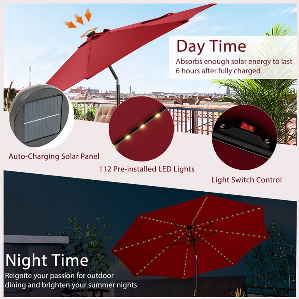 Day Time  
Absorbs enough solar energy to last 6 hours after fully charged  
Auto-Charging Solar Panel  
112 Pre-installed LED Lights  
Light Switch Control  

Night Time  
Reignite your passion for outdoor dining and brighten your summer nights