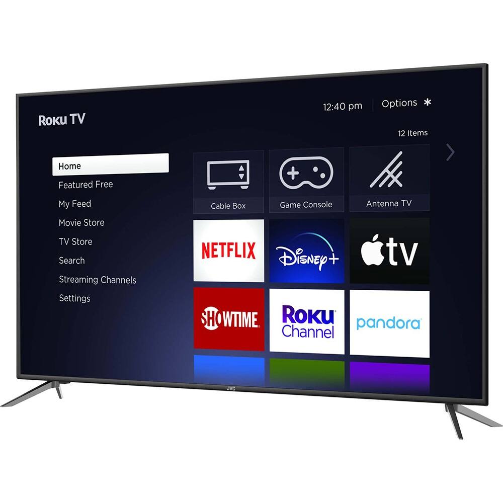Roku TV  
12:40 pm  
Options *  
12 Items  

Home  
Featured Free  
My Feed  
Movie Store  
TV Store  
Search  
Streaming Channels  
Settings  

Cable Box  
Game Console  
Antenna TV  

NETFLIX  
Disney+  
Apple TV  
SHOWTIME  
Roku Channel  
Pandora