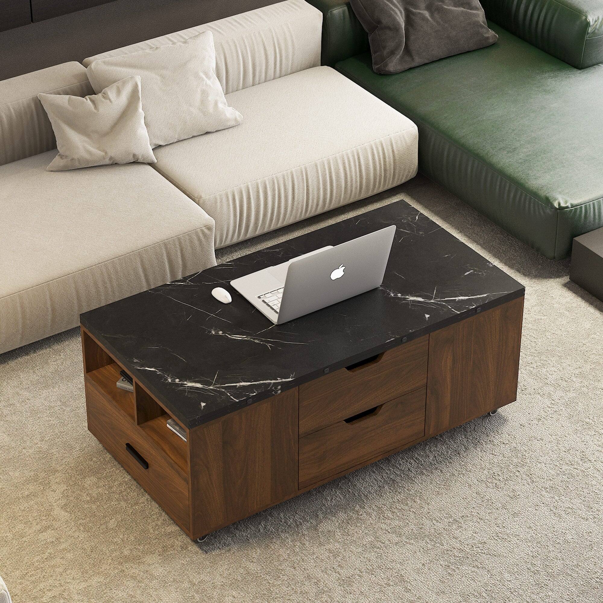 Alt View 1. Boyel Living - Modern Lift Up Coffee Table with Storage Stools - Black+Wood.