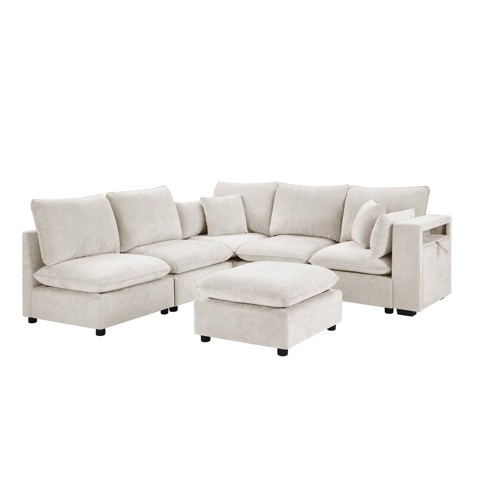 Alt View 1. Whisen - Modular Sectional Sofa U-Shaped Couch with Ottoman, Storage Armrests and USB Ports - Beige.