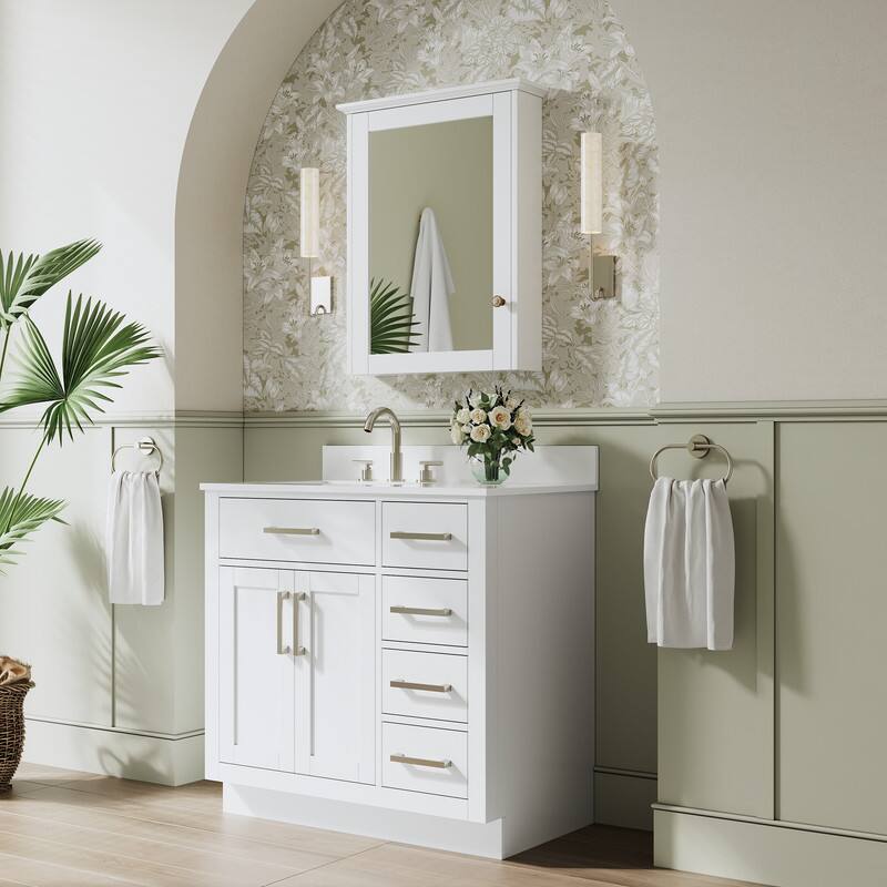 Angle. WELLFOR - 36 in Solid Wood Bathroom Vanity with Sink,2 Soft-Close Doors,5 Drawers&Cultured Marble Countertop,Brushed Nickel Handle - White.