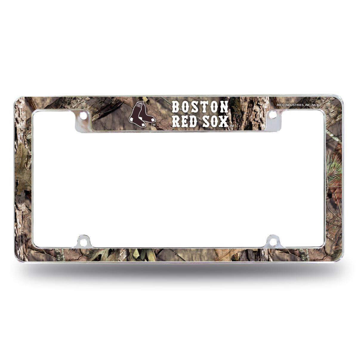 Rico Industries - Boston Red Sox Chrome Metal License Plate Frame with Bold Mossy Oak Camouflaged Camo Design - Multi