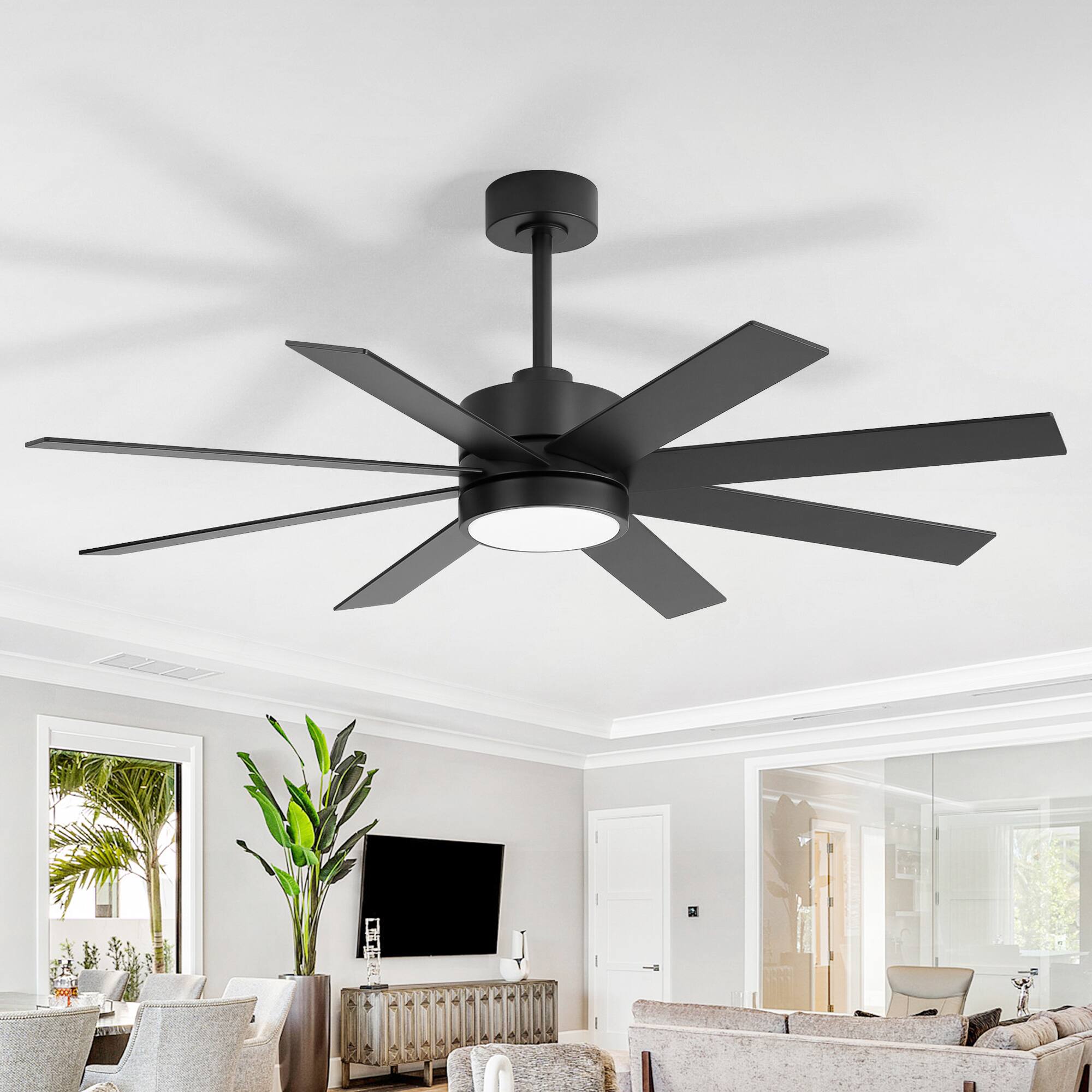 Angle. Breezary - 52-Inch Ceiling Fan with LED Light, 8 Blades, 6-Speed Remote, Tri-Color Dimmable Light, Acrylic Shade, Downrod Mount - Black and Walnut.