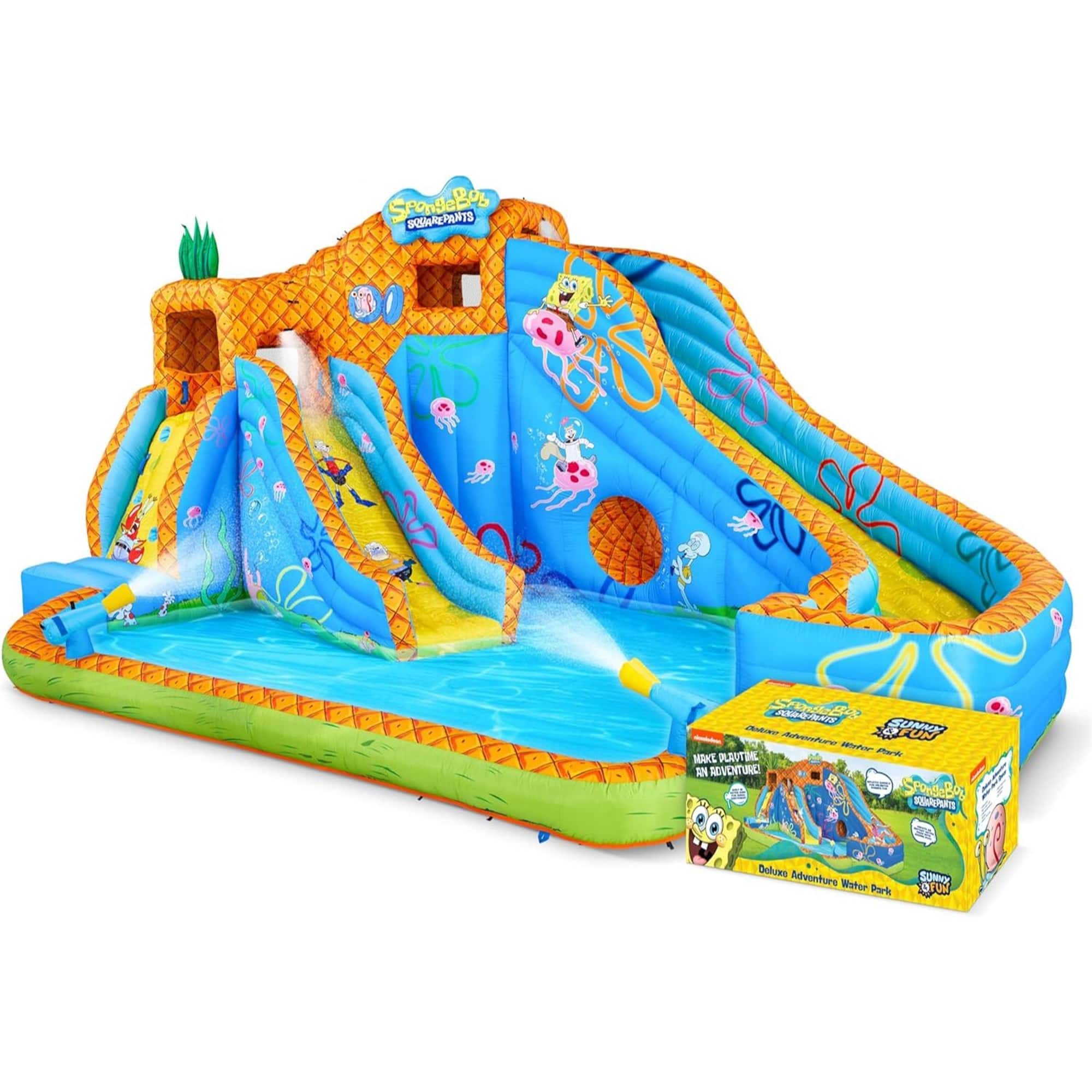 Sunny & Fun - SpongeBob Deluxe Inflatable Water Slide with Climbing Wall, 2 Slides & Splash Pool - Polyester