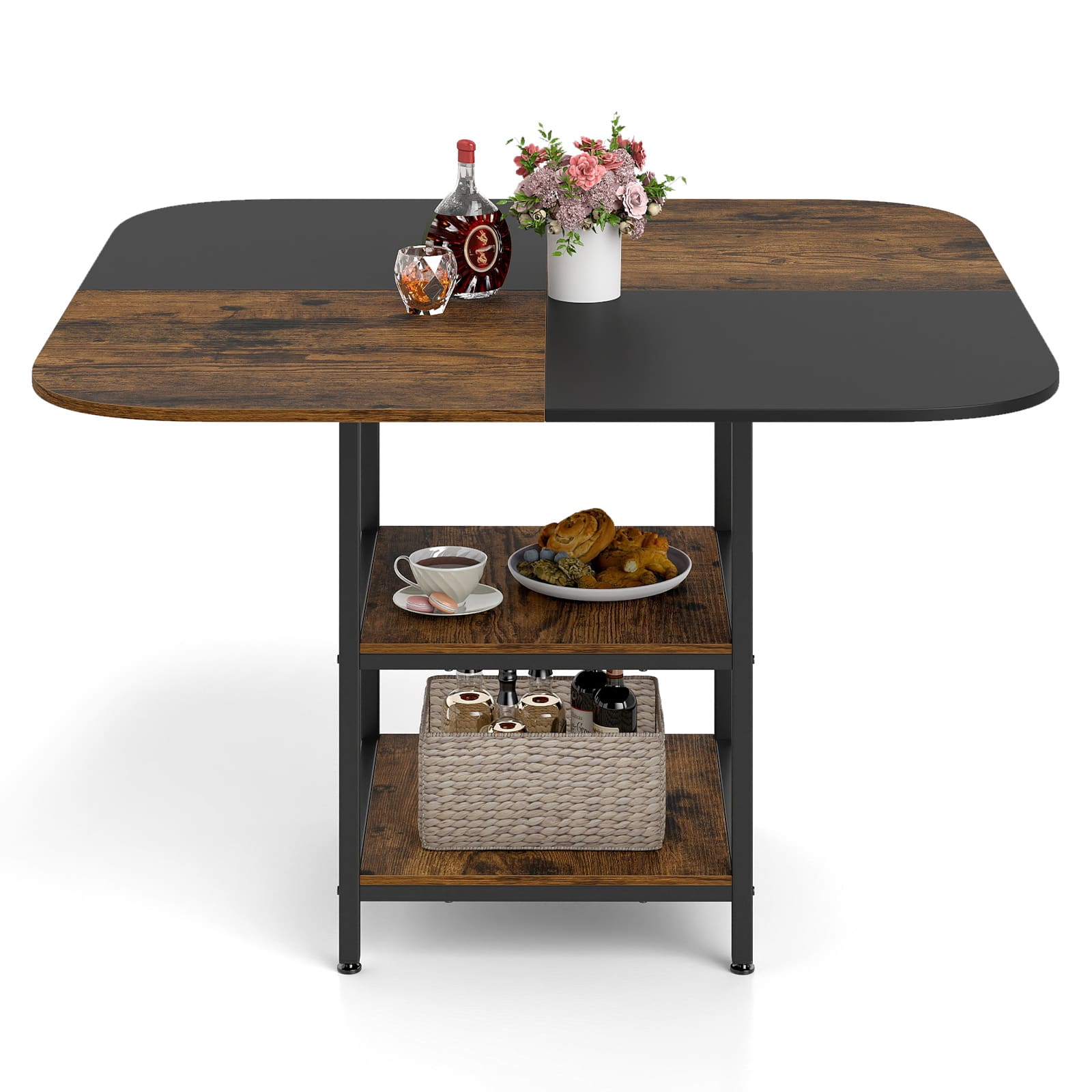 Gymax - 47.5'' Square Dining Table w/Double-colored Splice Desktop 2-Tier Storage Shelves - Brown